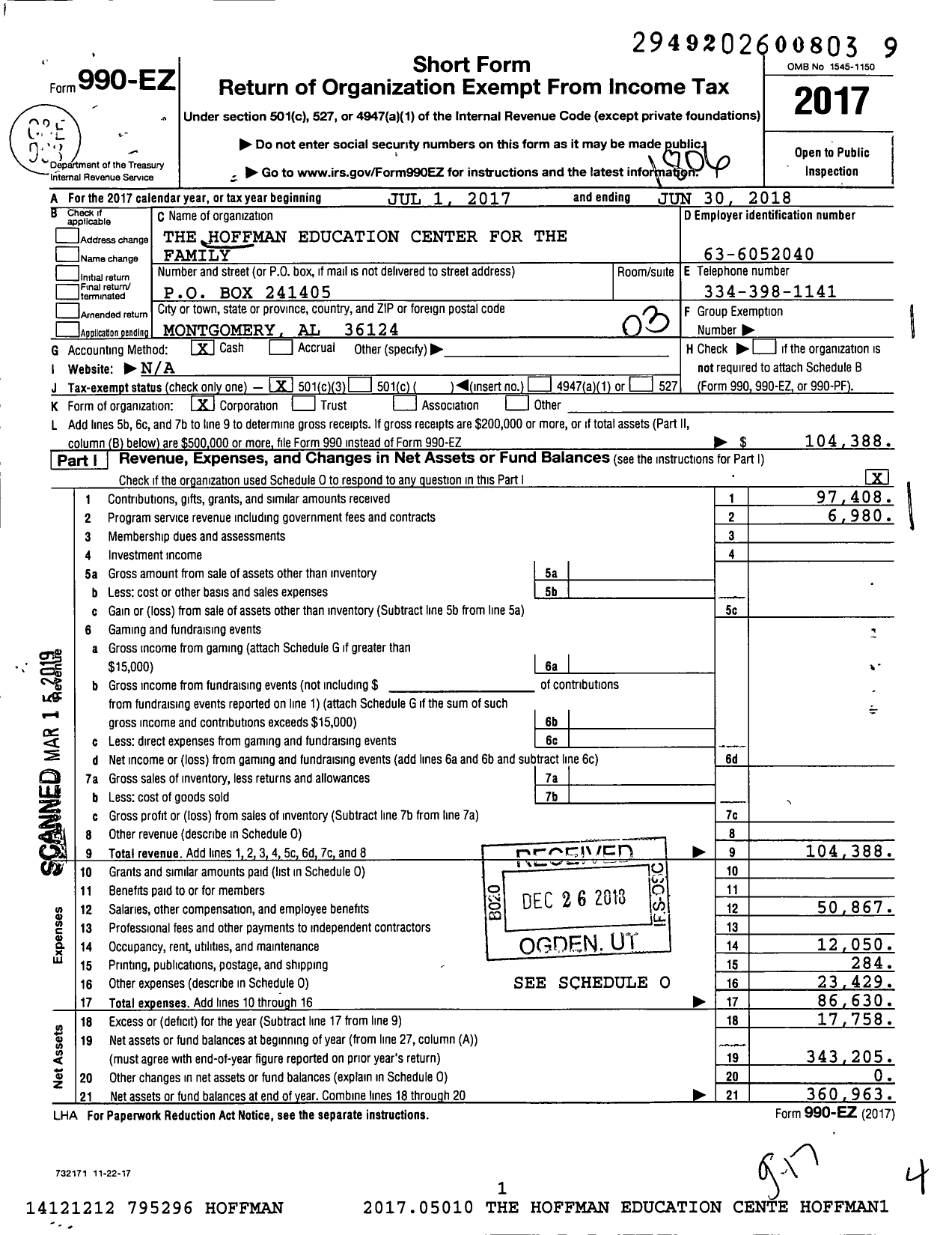 Image of first page of 2017 Form 990EZ for The Hoffman Education Center for the Family