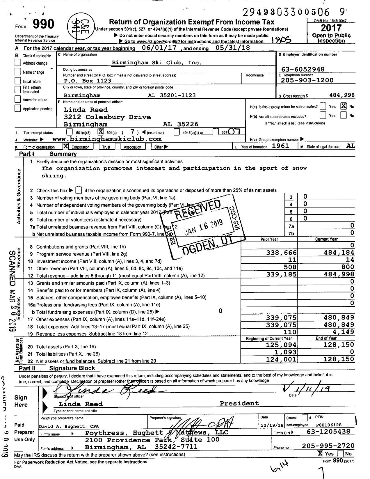 Image of first page of 2017 Form 990O for Birmingham Ski Club