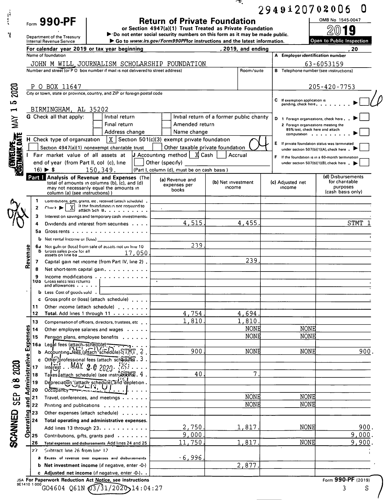 Image of first page of 2019 Form 990PR for John M Will Journalism Scholarship Foundation