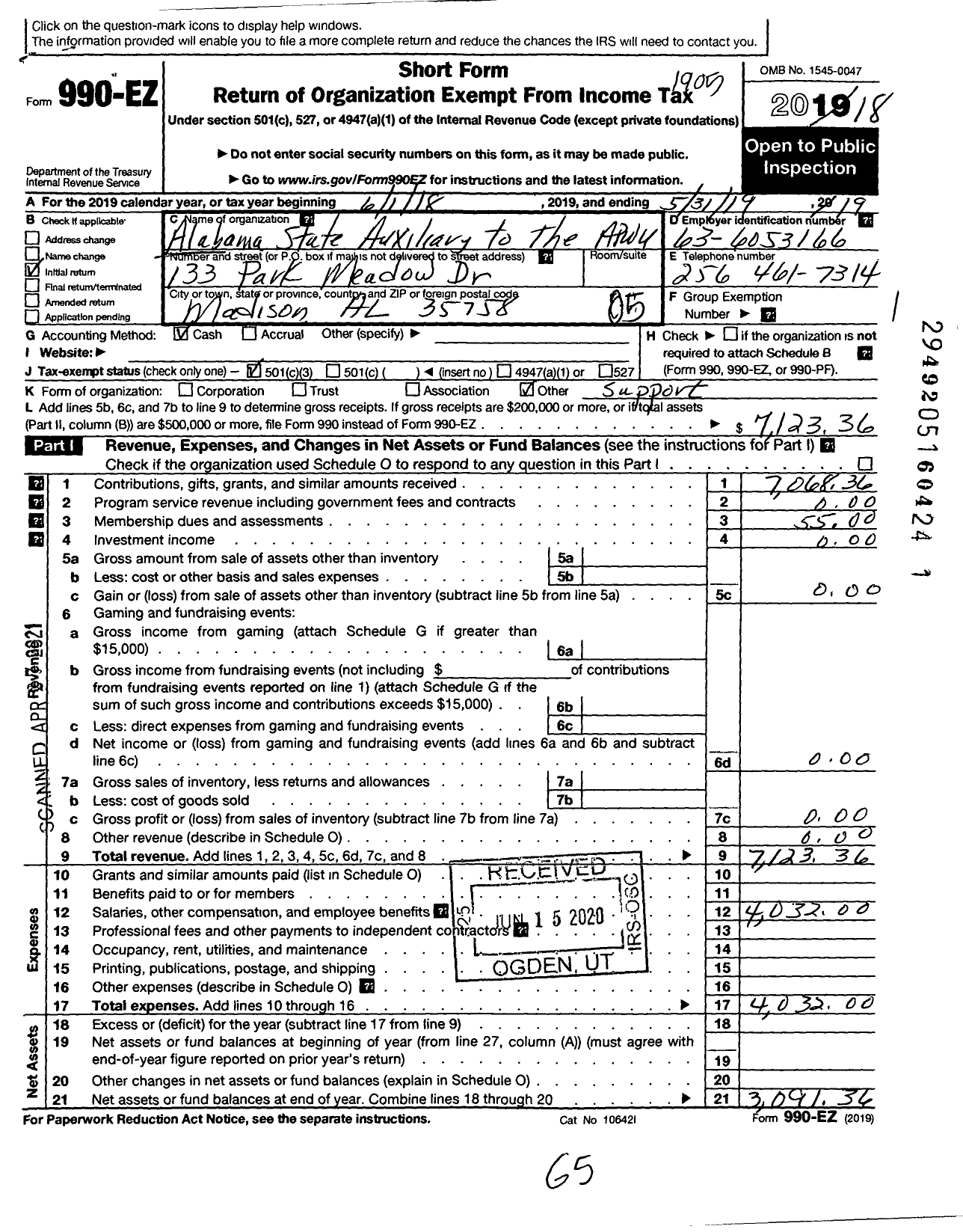 Image of first page of 2018 Form 990EO for American Postal Workers Union Auxiliary / Alabama State