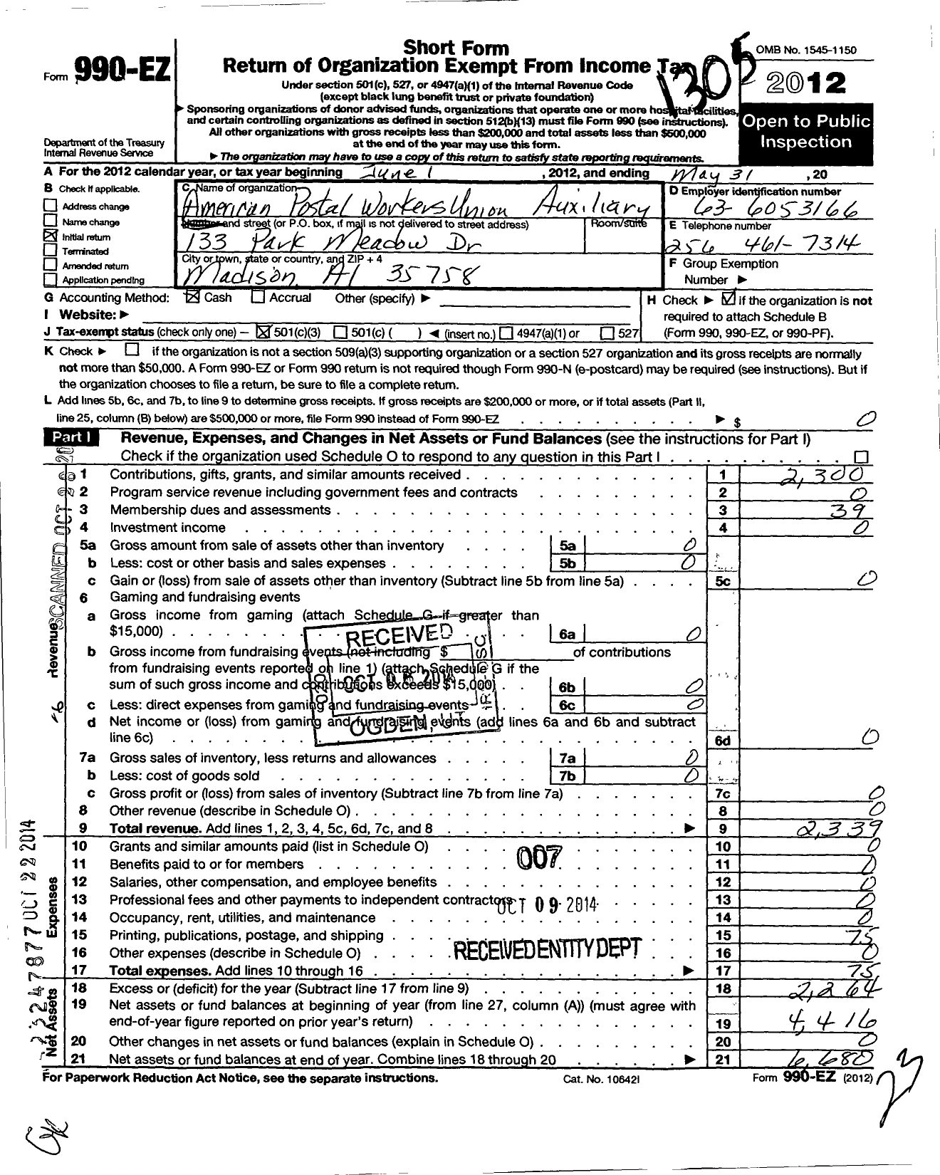 Image of first page of 2012 Form 990EZ for American Postal Workers Union Auxiliary / Alabama State
