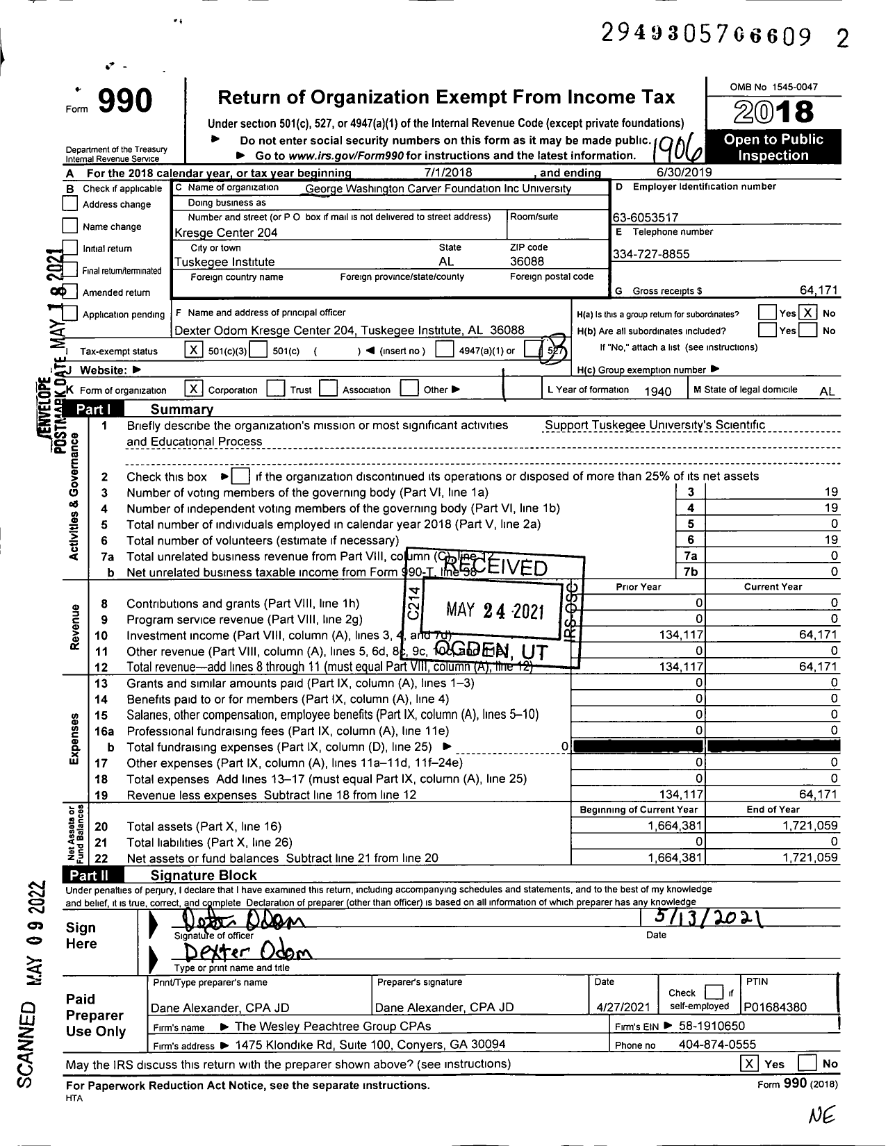 Image of first page of 2018 Form 990 for The George Washington Carver Foundation