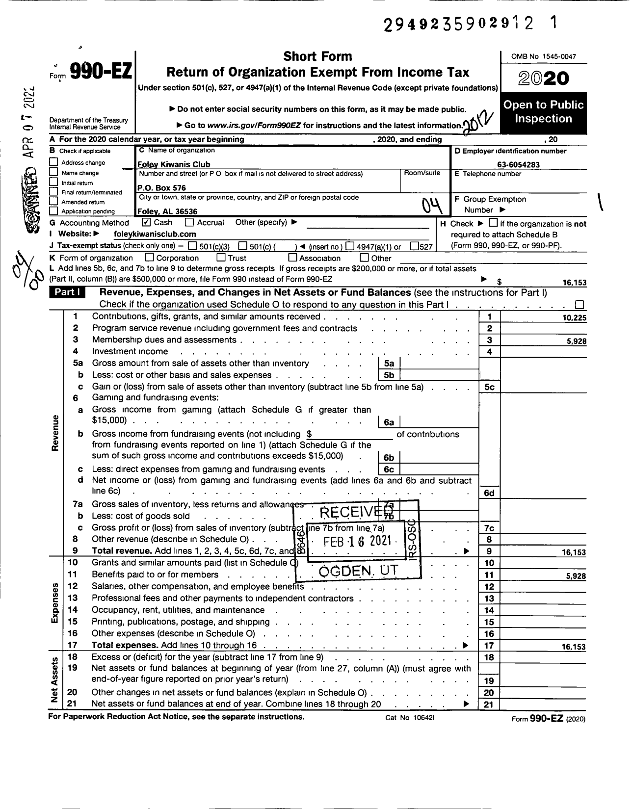 Image of first page of 2020 Form 990EO for Kiwanis International - K03844 Foley