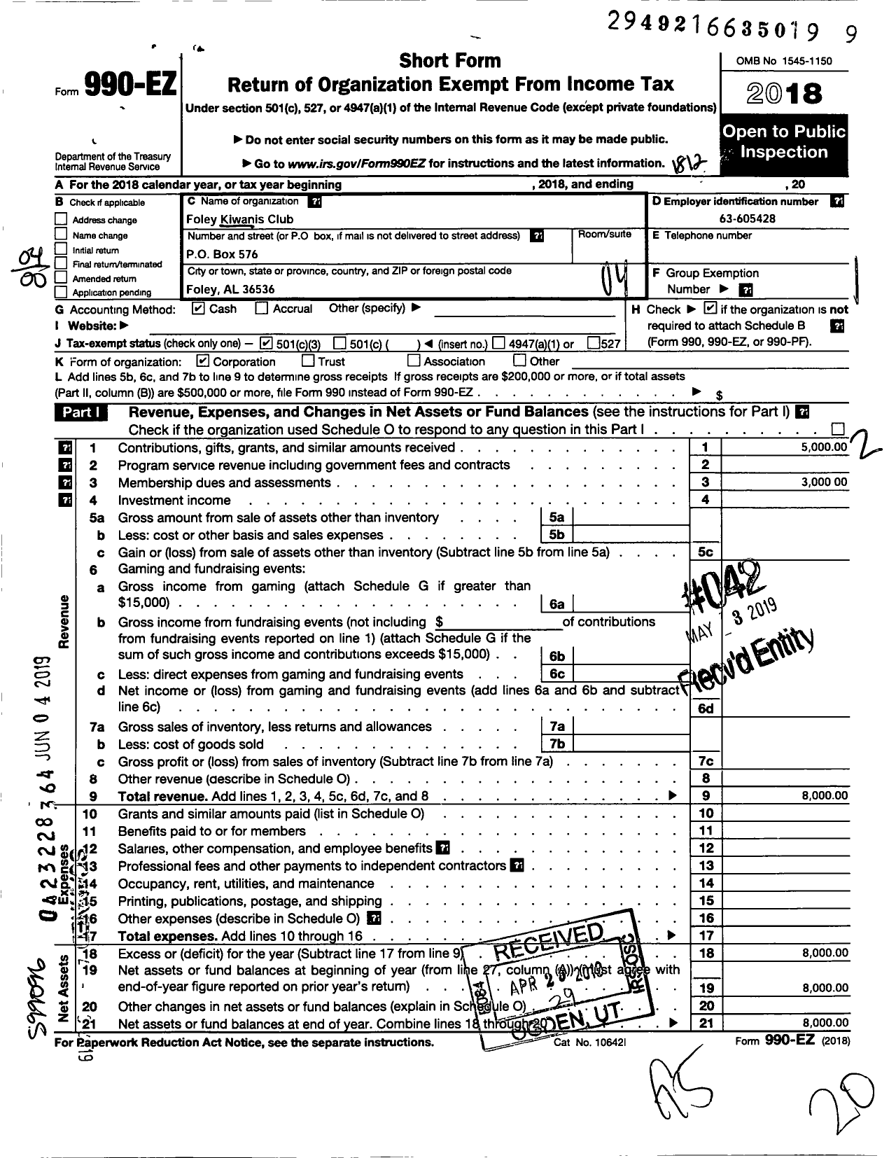 Image of first page of 2018 Form 990EO for Kiwanis International - K03844 Foley