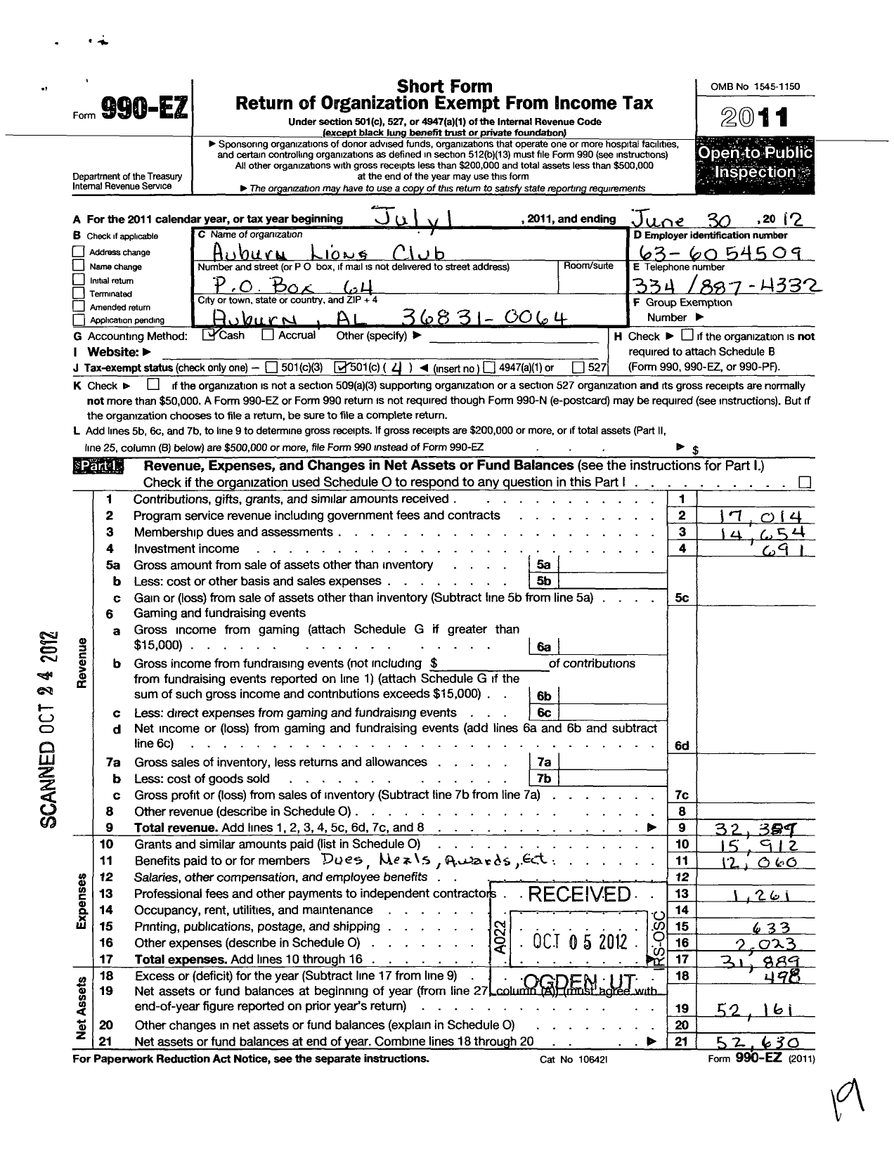 Image of first page of 2011 Form 990EO for Lions Clubs - 12331 Auburn