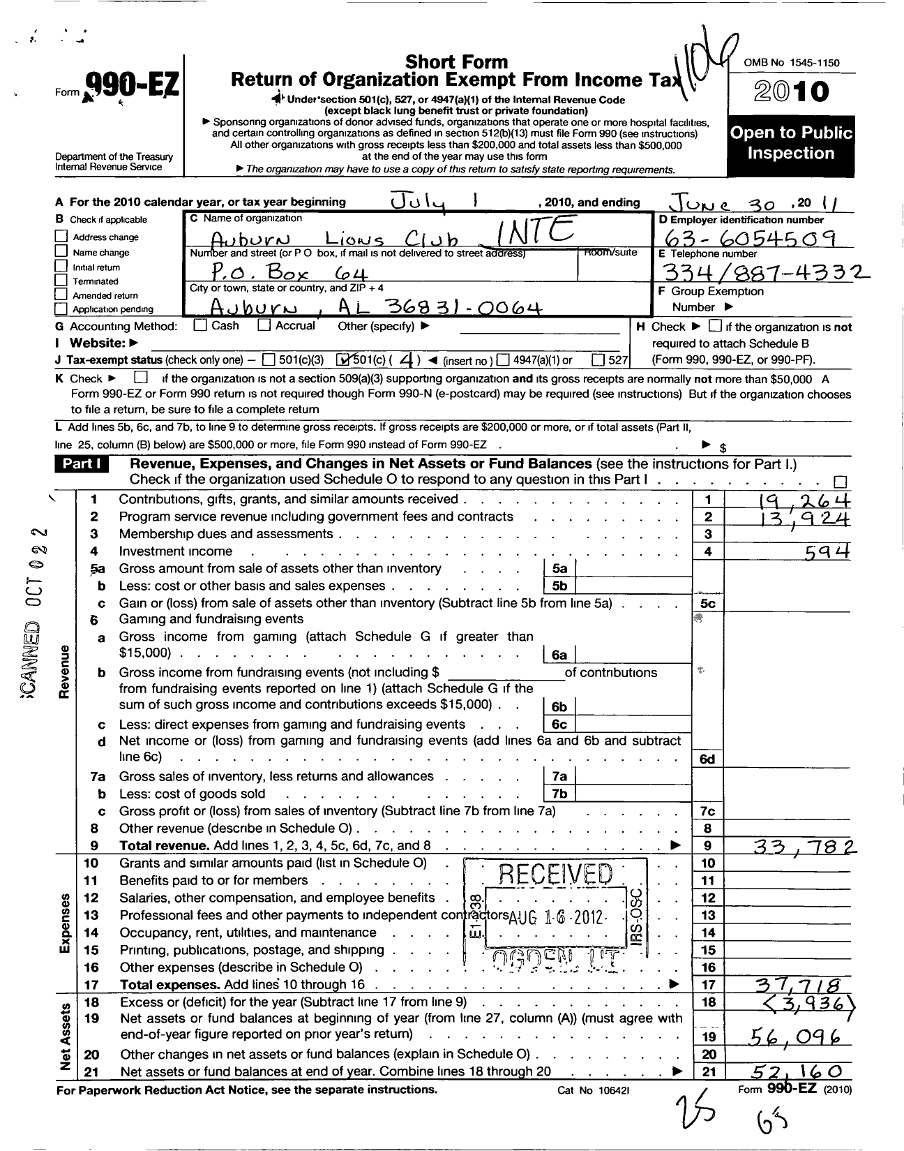 Image of first page of 2010 Form 990EO for Lions Clubs - 12331 Auburn
