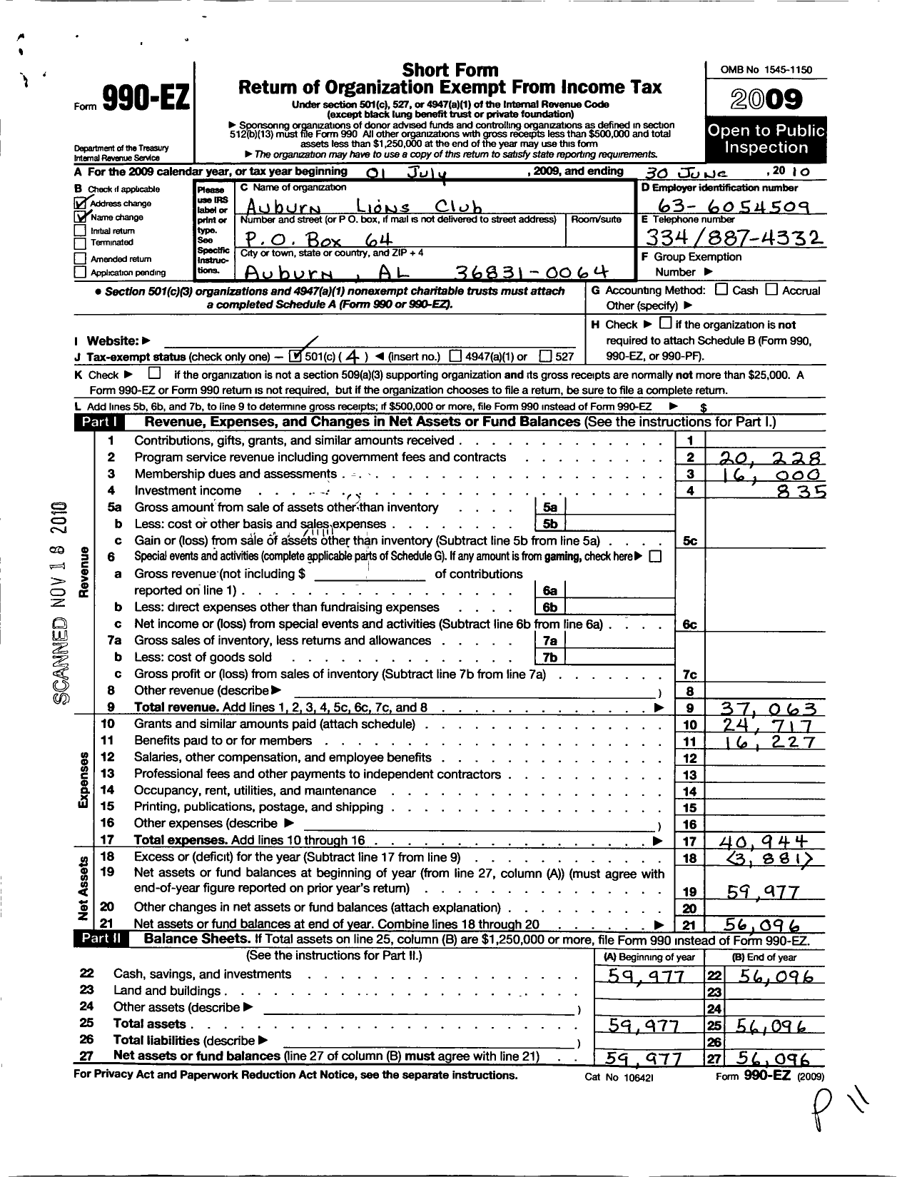 Image of first page of 2009 Form 990EO for Lions Clubs - 12331 Auburn