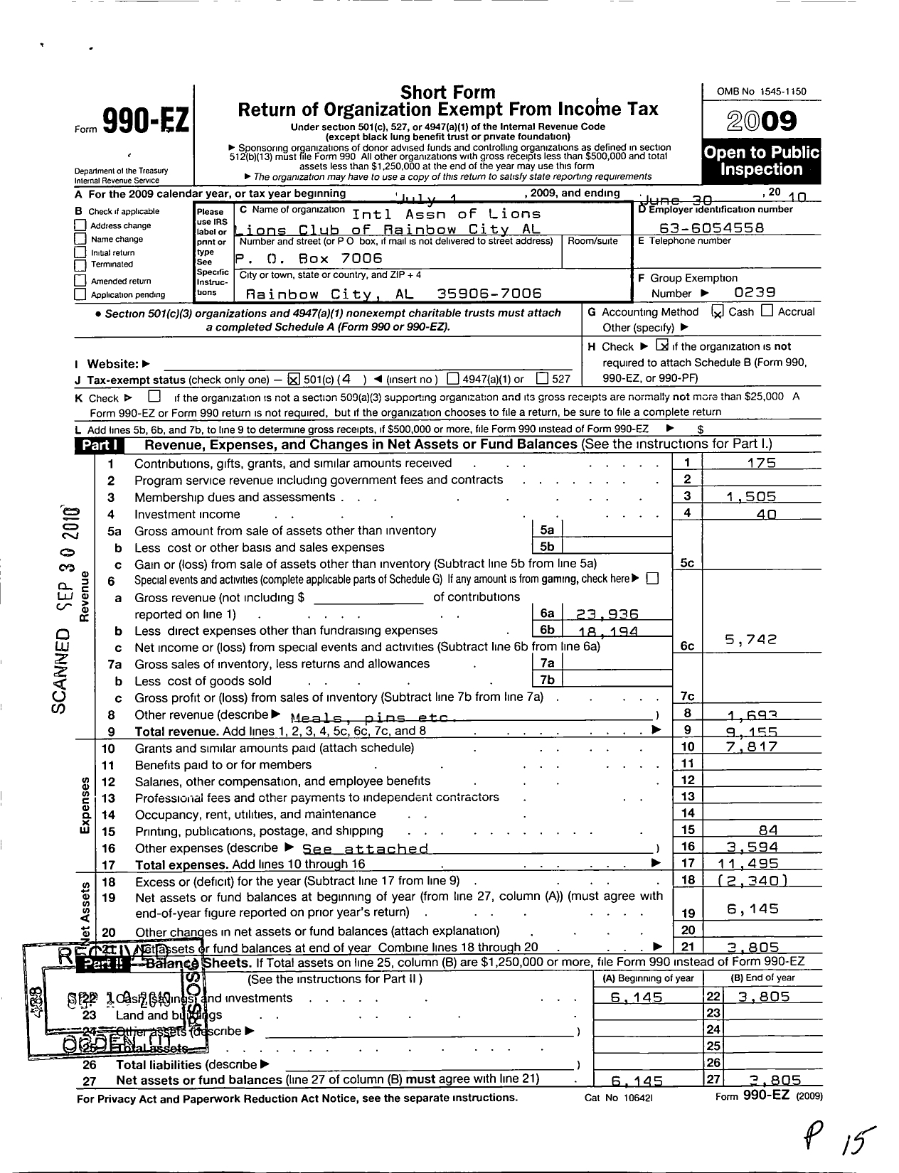 Image of first page of 2009 Form 990EO for Lions Clubs - 12246 Rainbow City