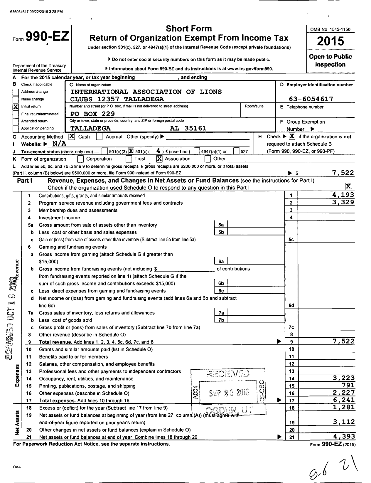 Image of first page of 2015 Form 990EO for International Association of Lions Clubs / 12357 Talladega