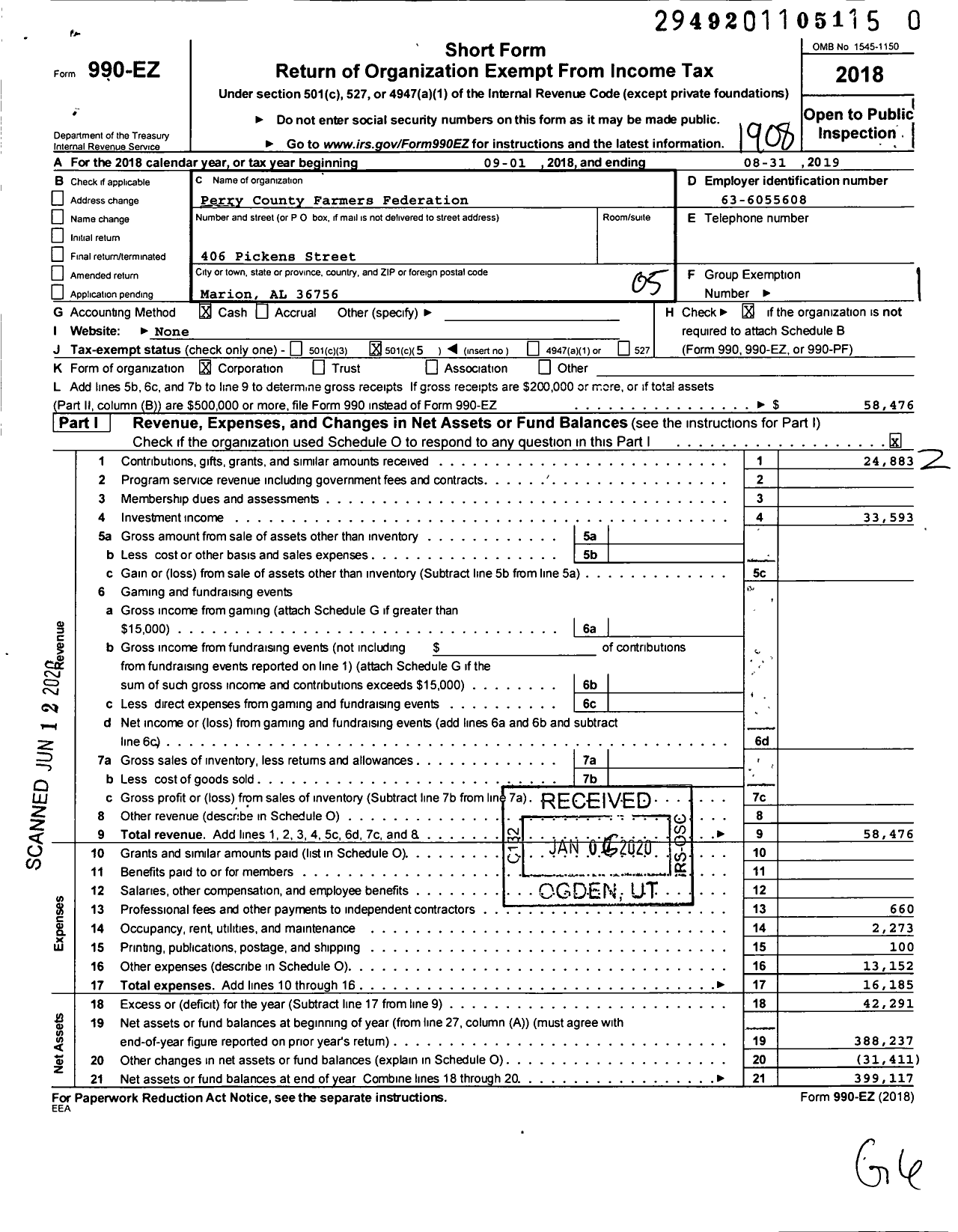 Image of first page of 2018 Form 990EO for Perry County Farmers Federation