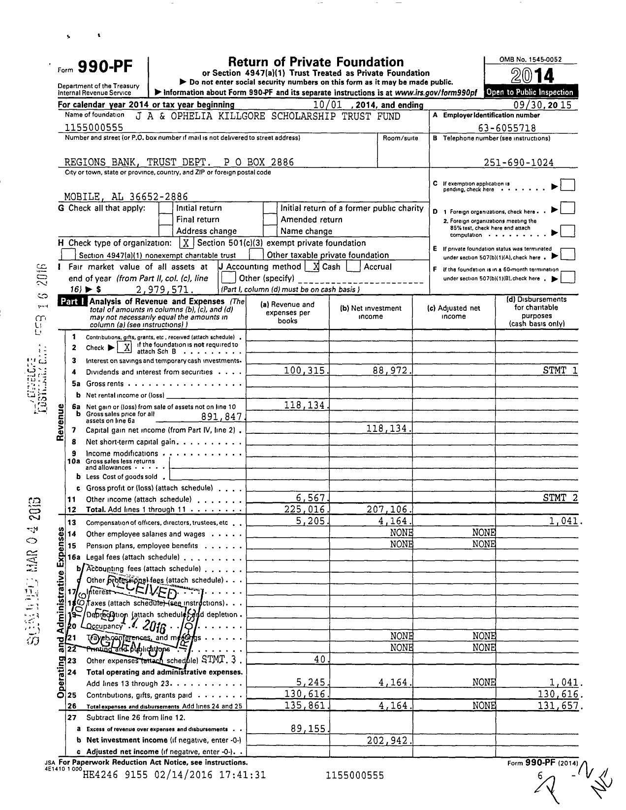 Image of first page of 2014 Form 990PF for J A Ophelia Killgore Scholarship Trust Fund