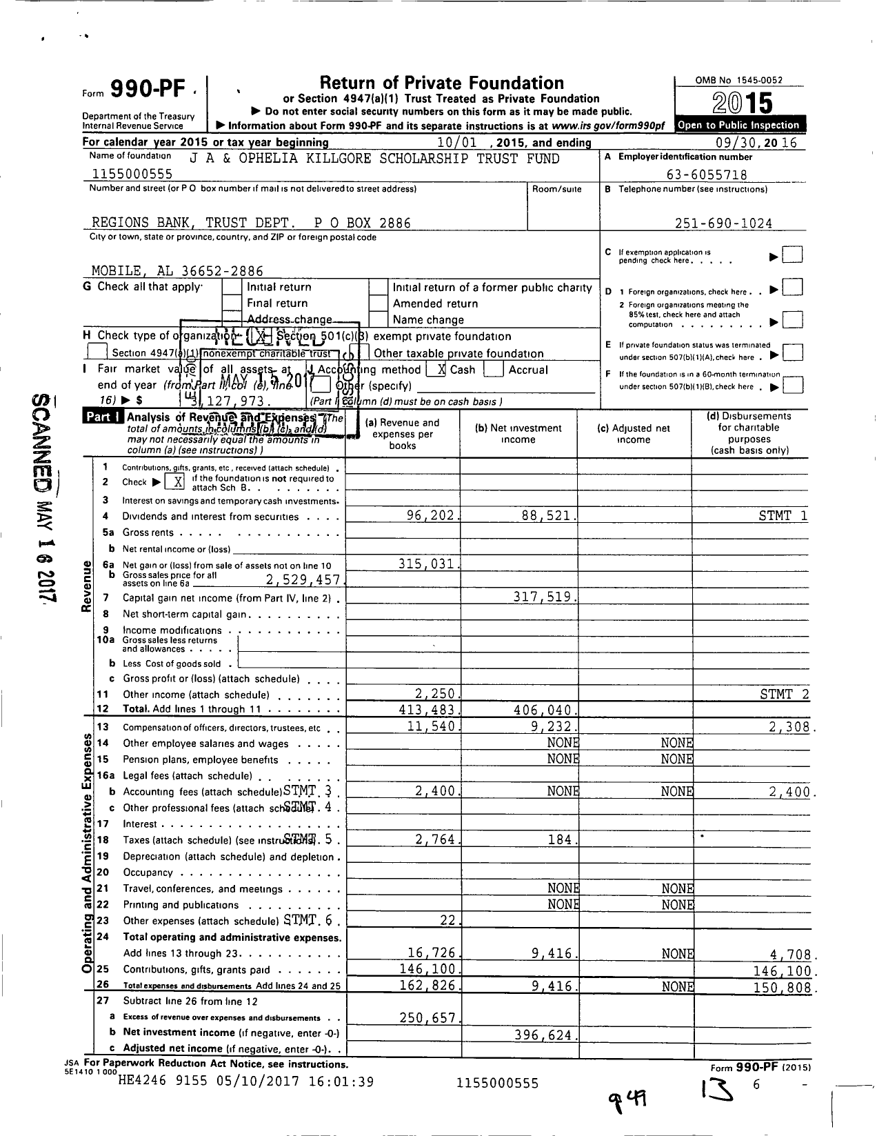 Image of first page of 2015 Form 990PF for J A Ophelia Killgore Scholarship Trust Fund