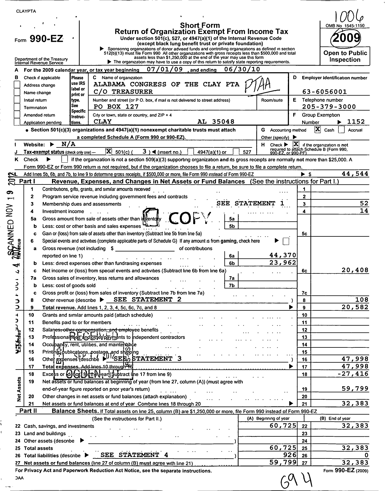 Image of first page of 2009 Form 990EZ for PTA Alabama Congress / Clay Elementary PTA