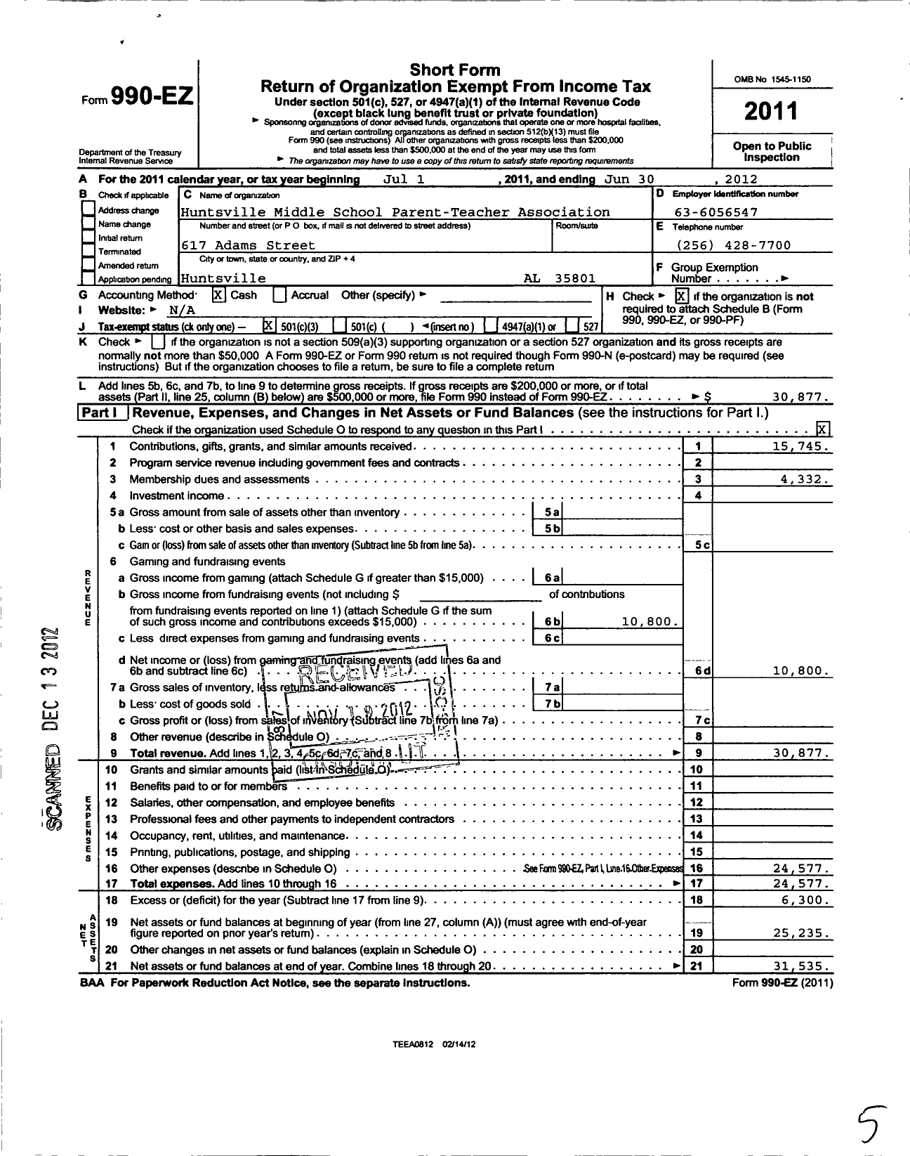 Image of first page of 2011 Form 990EZ for PTA Alabama Congress / Huntsville JR High School PTA