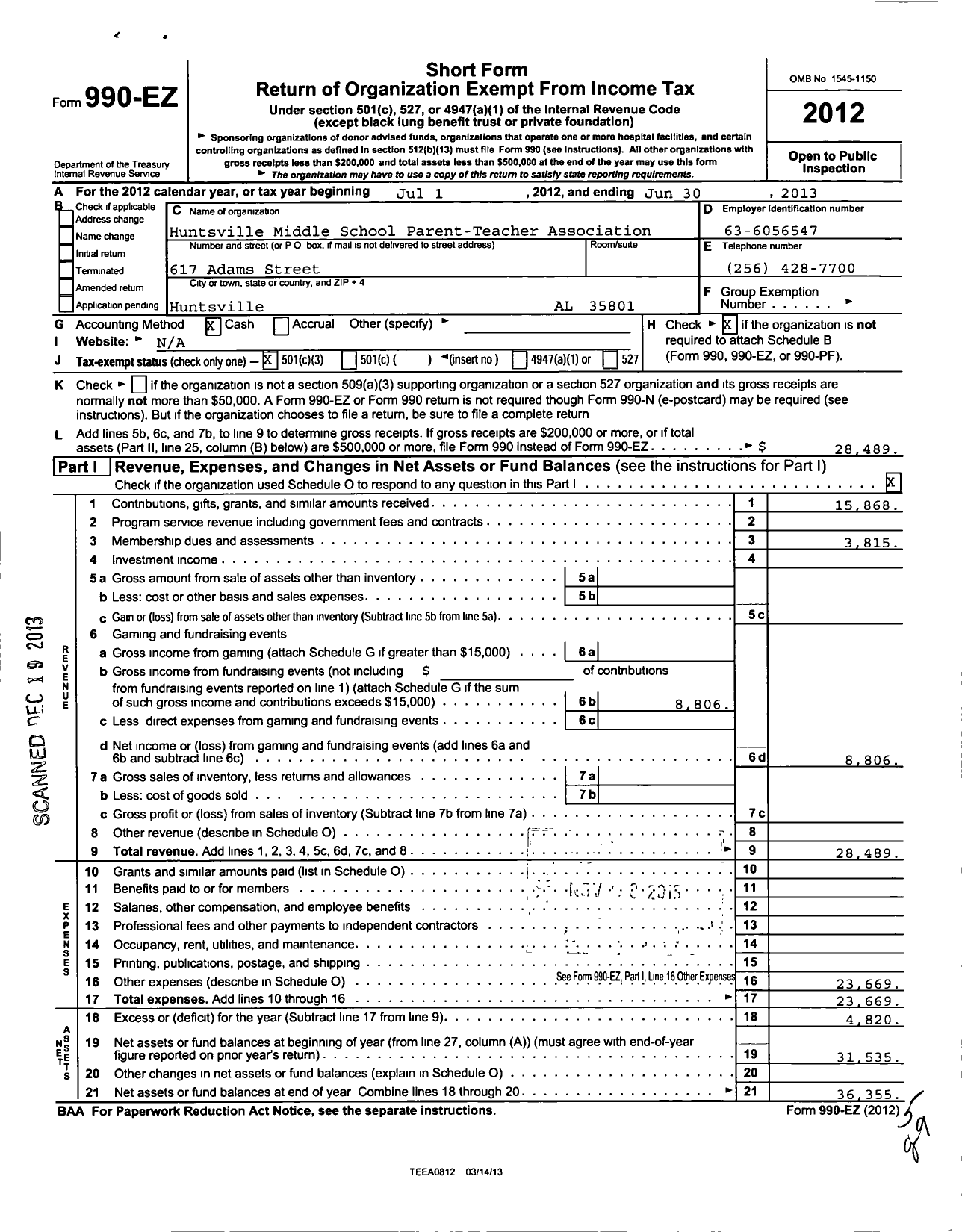 Image of first page of 2012 Form 990EZ for PTA Alabama Congress / Huntsville JR High School PTA