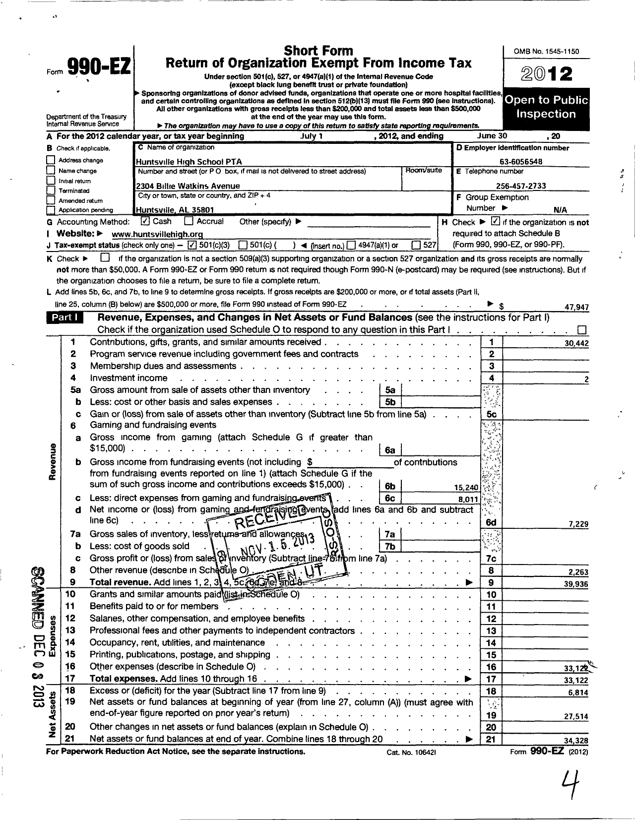 Image of first page of 2011 Form 990EZ for PTA Alabama Congress / Huntsville High School Ptsa