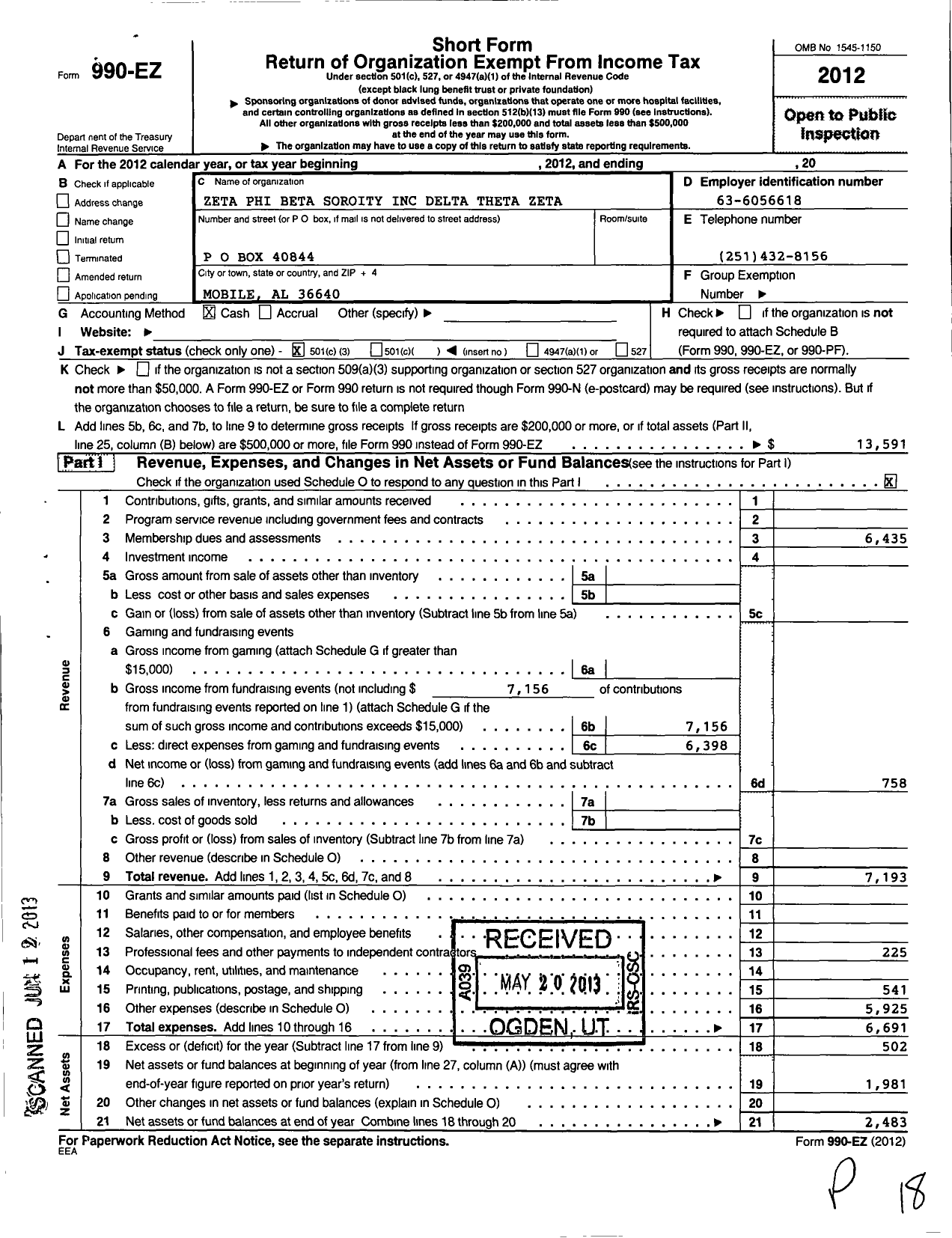 Image of first page of 2012 Form 990EZ for Zeta Phi Beta Sorority / Delta Theta Zeta Chapter