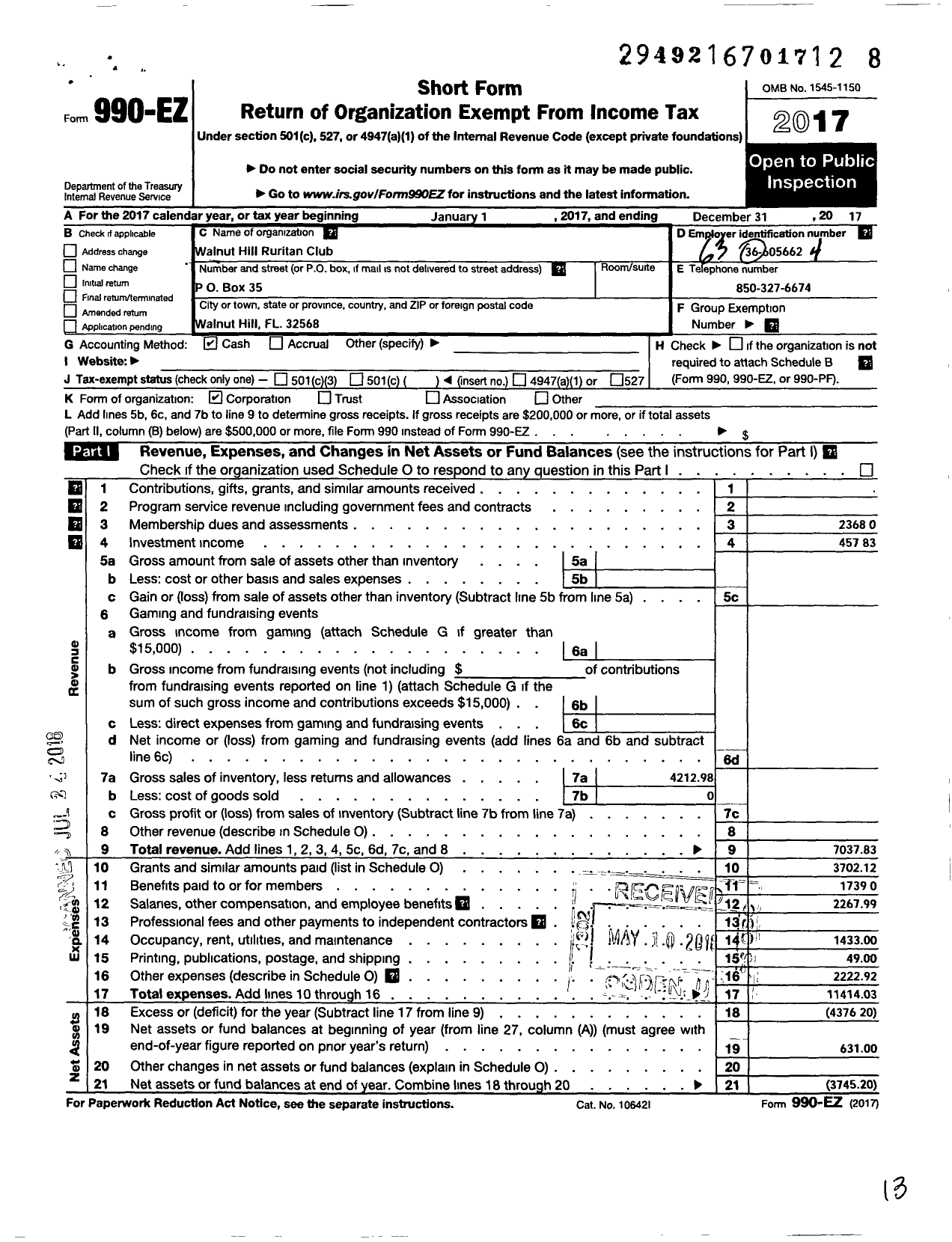 Image of first page of 2017 Form 990EO for Ruritan - Walnut Hill