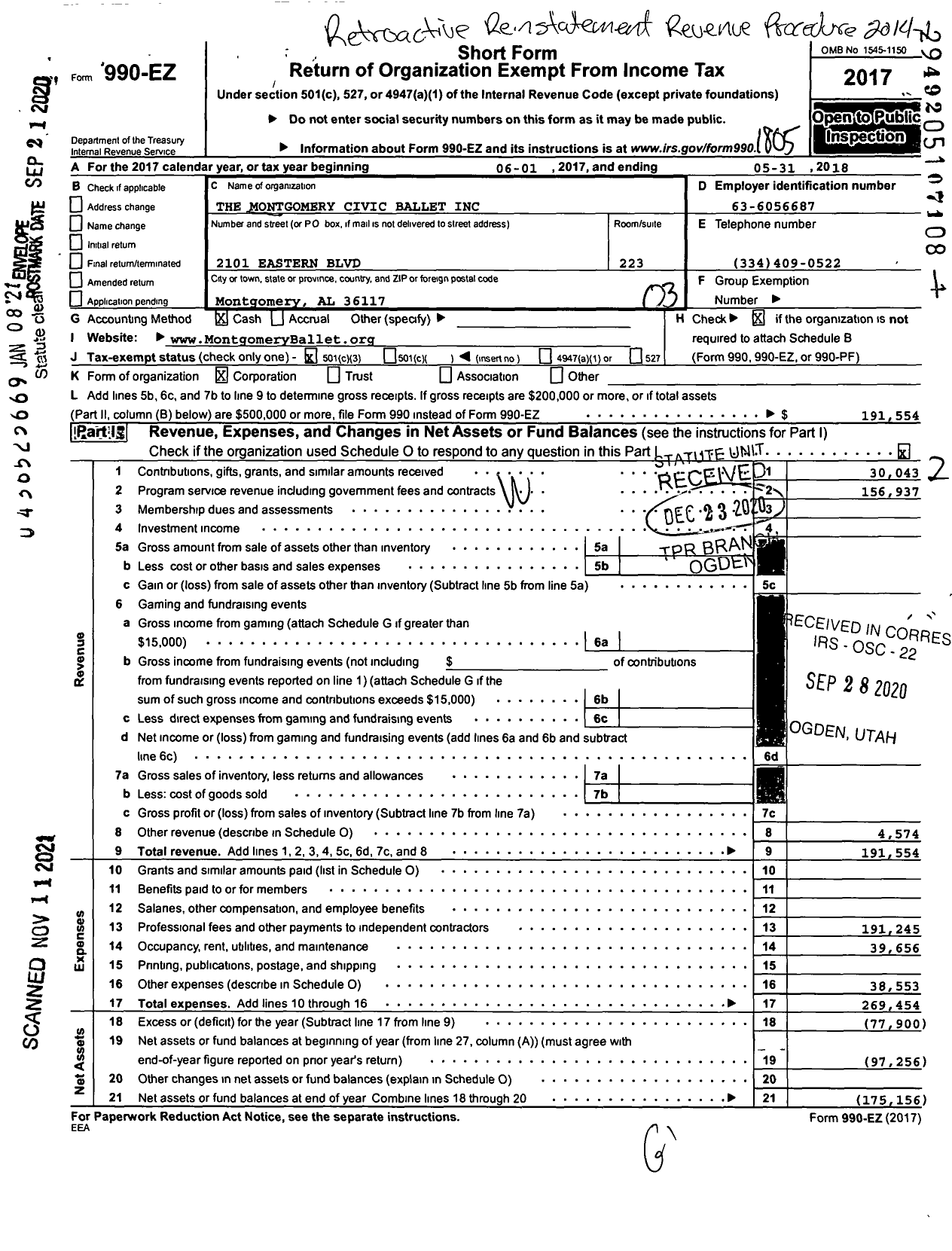 Image of first page of 2017 Form 990EZ for The Montgomery Civic Ballet