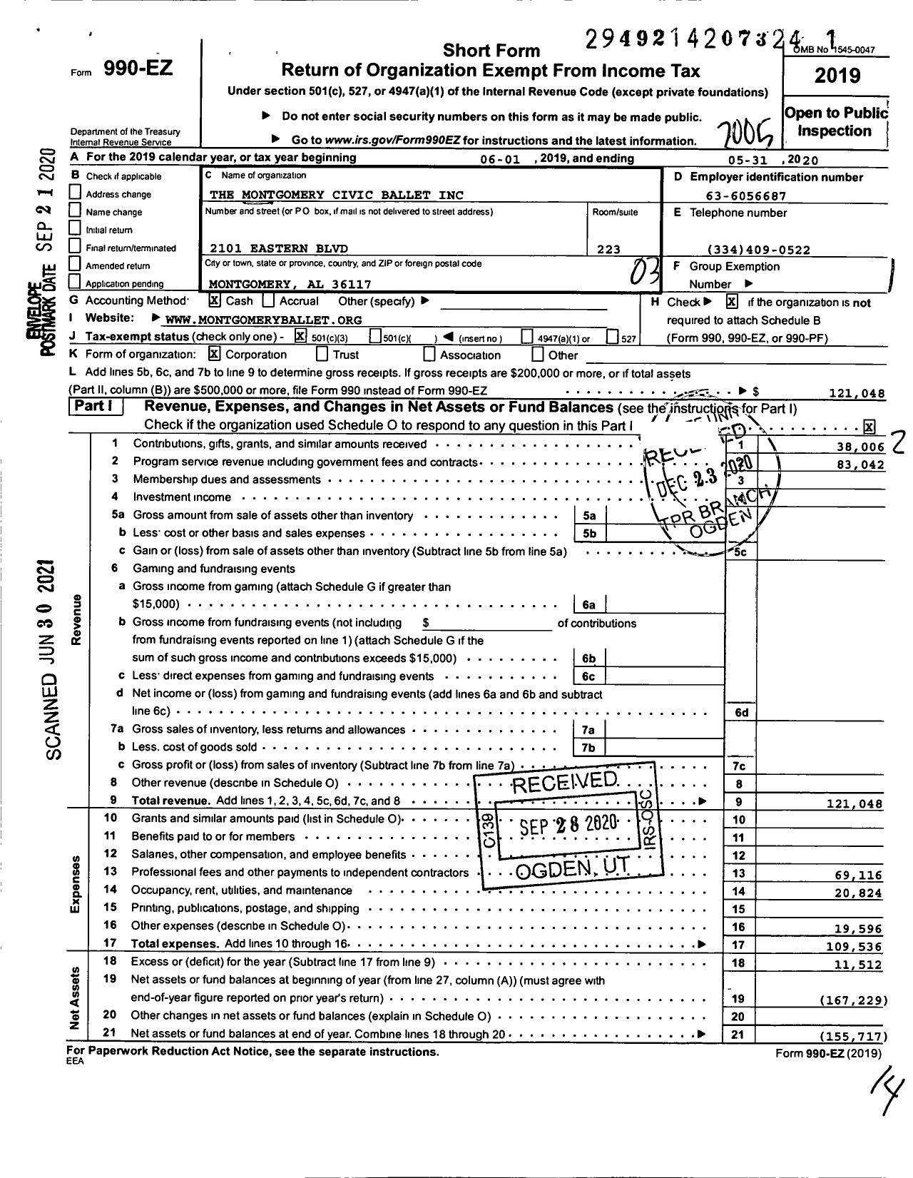 Image of first page of 2019 Form 990EZ for The Montgomery Civic Ballet
