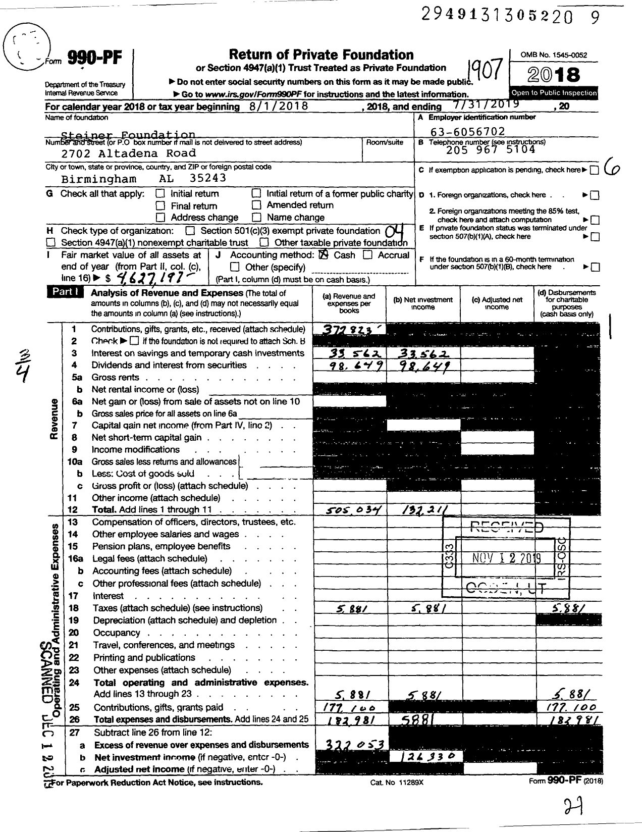 Image of first page of 2018 Form 990PF for Steiner Foundation