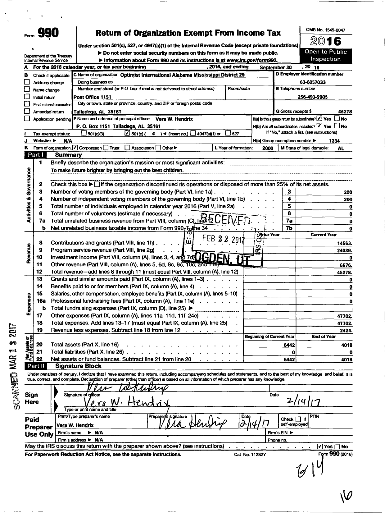 Image of first page of 2015 Form 990O for Optimist International - 29999-alabama-louisiana-mississippi