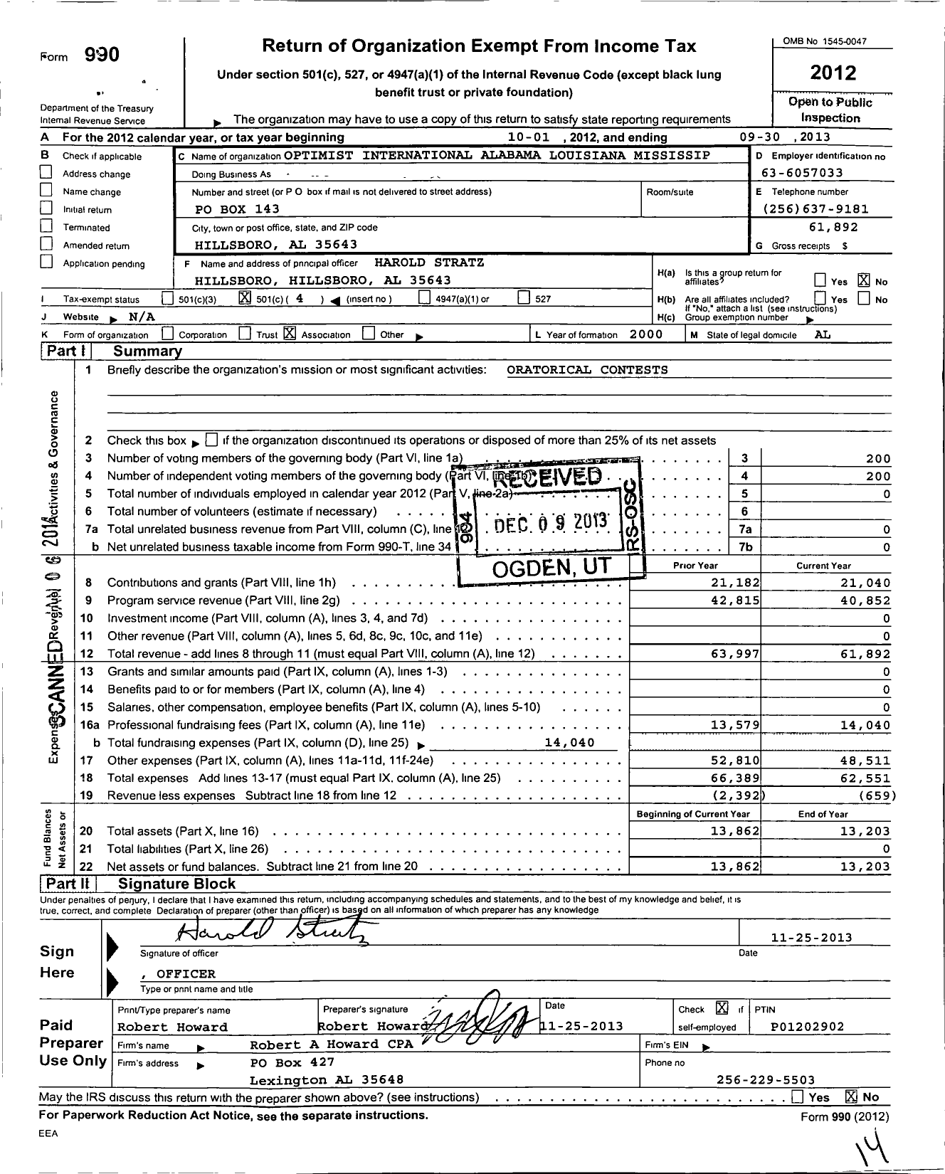 Image of first page of 2012 Form 990O for Optimist International - 29999-alabama-louisiana-mississippi