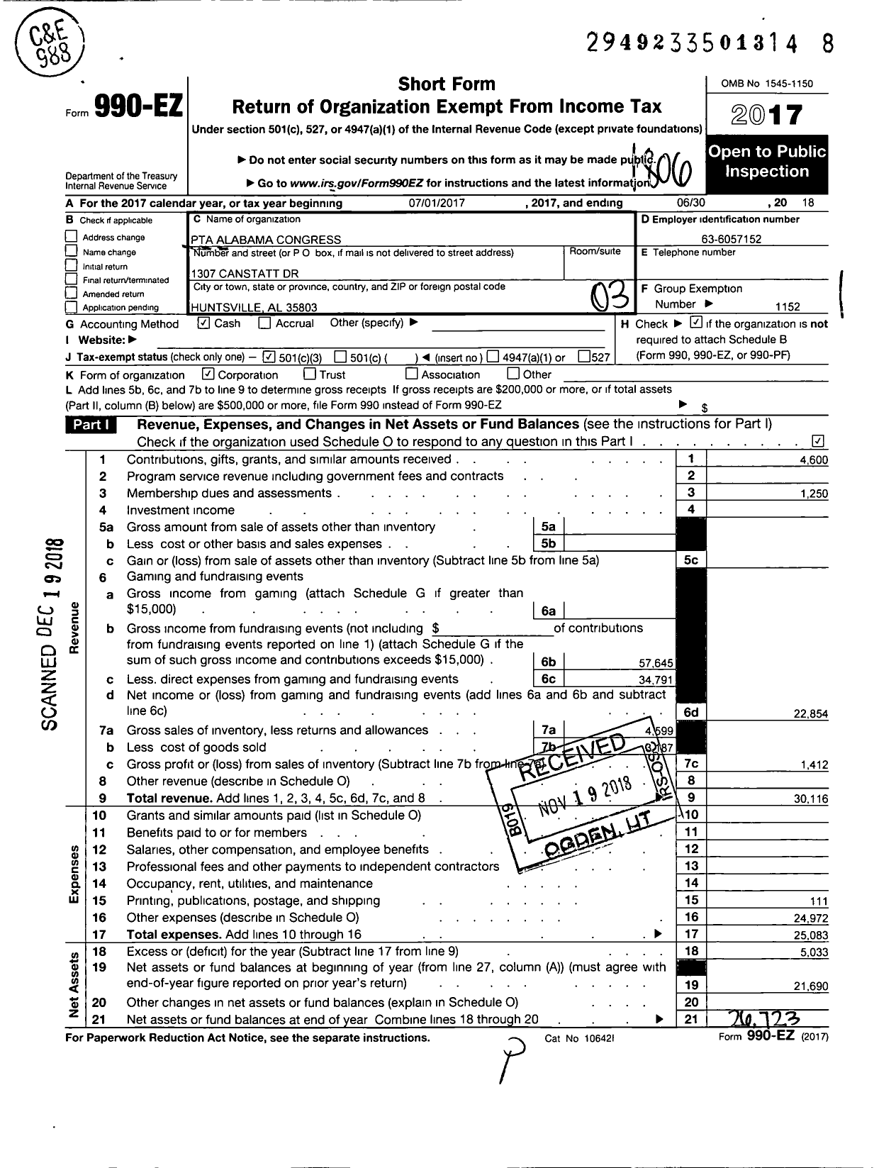 Image of first page of 2017 Form 990EZ for PTA Alabama Congress / Weatherly Heights Elementary PTA