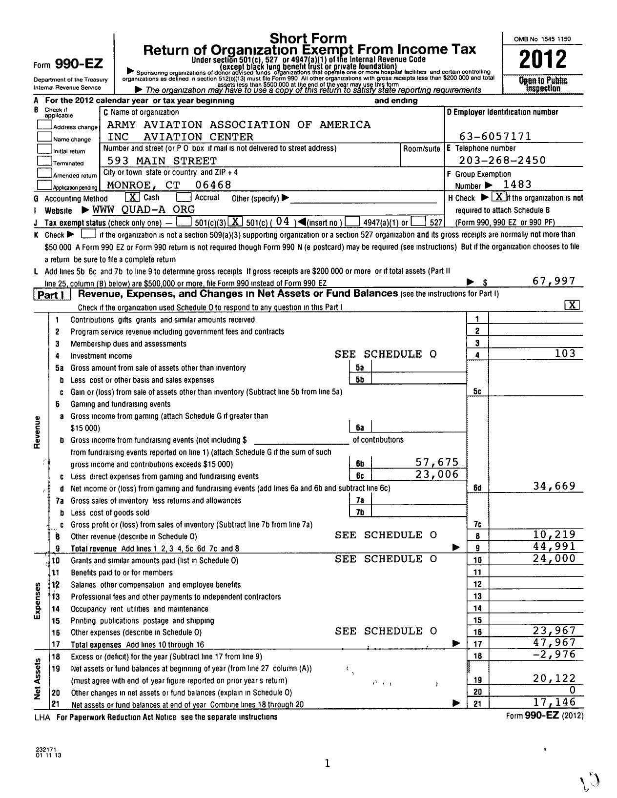 Image of first page of 2012 Form 990EO for Army Aviation Association of America / Army Aviation Center Chapter Aaaa