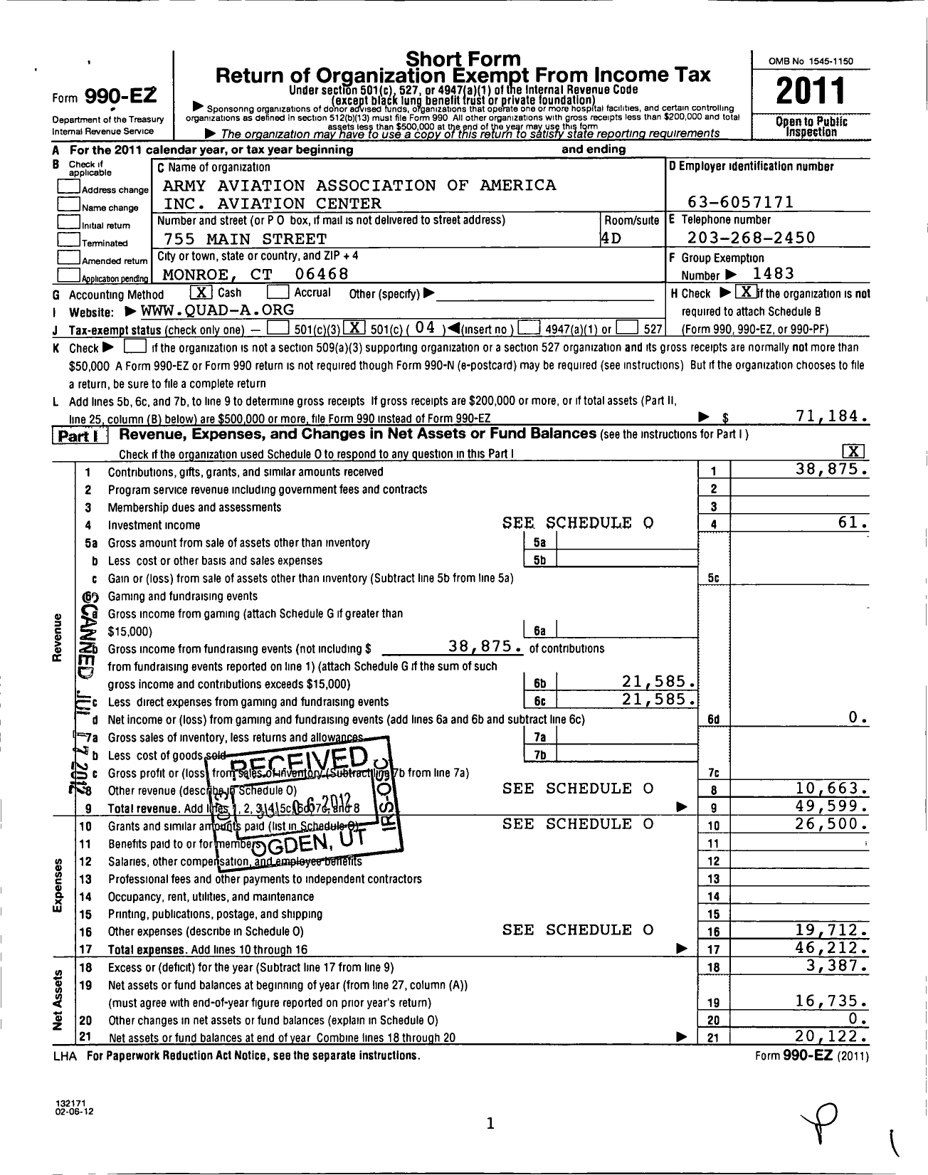 Image of first page of 2011 Form 990EO for Army Aviation Association of America / Army Aviation Center Chapter Aaaa