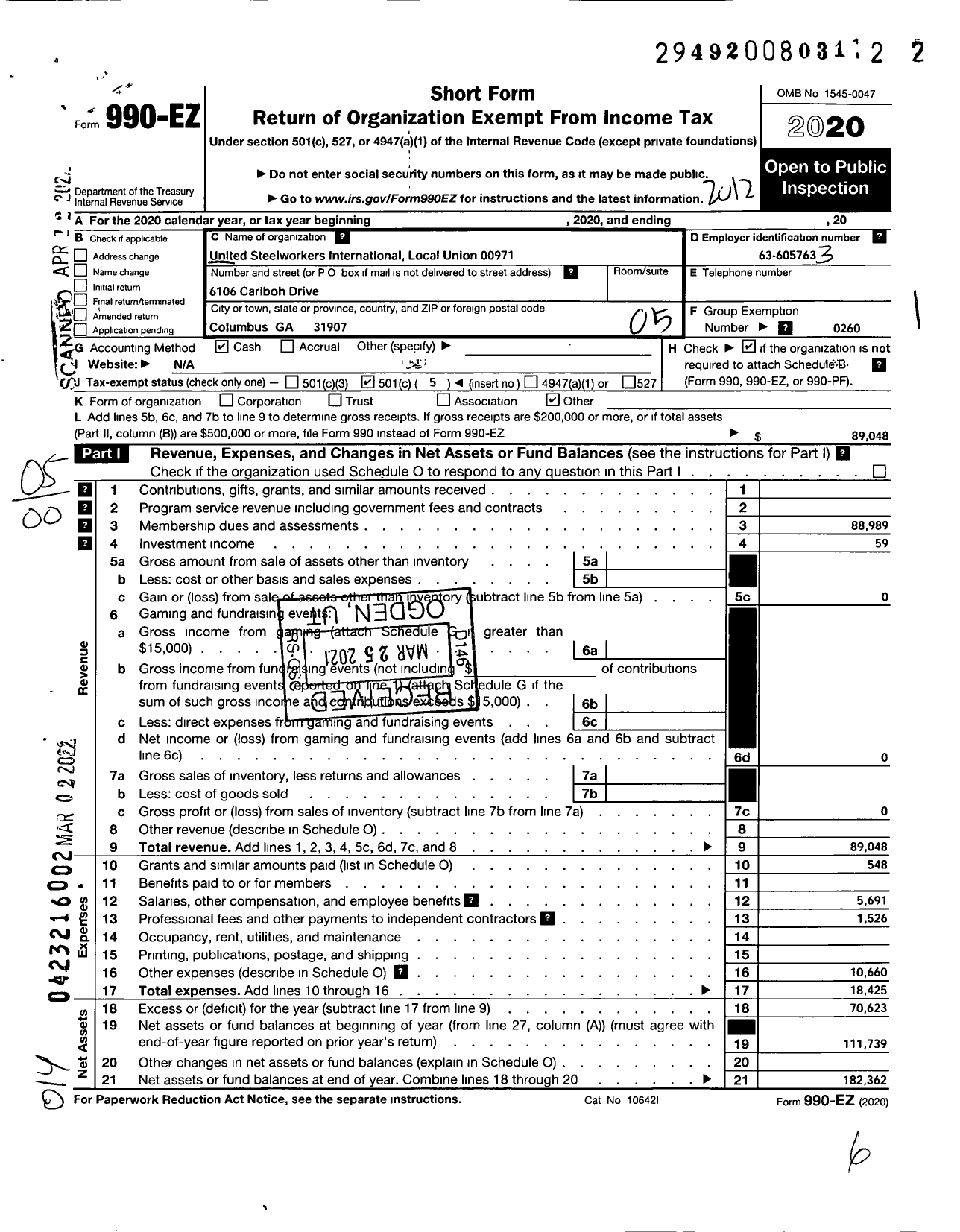 Image of first page of 2020 Form 990EO for United Steelworkers - Local Union 971