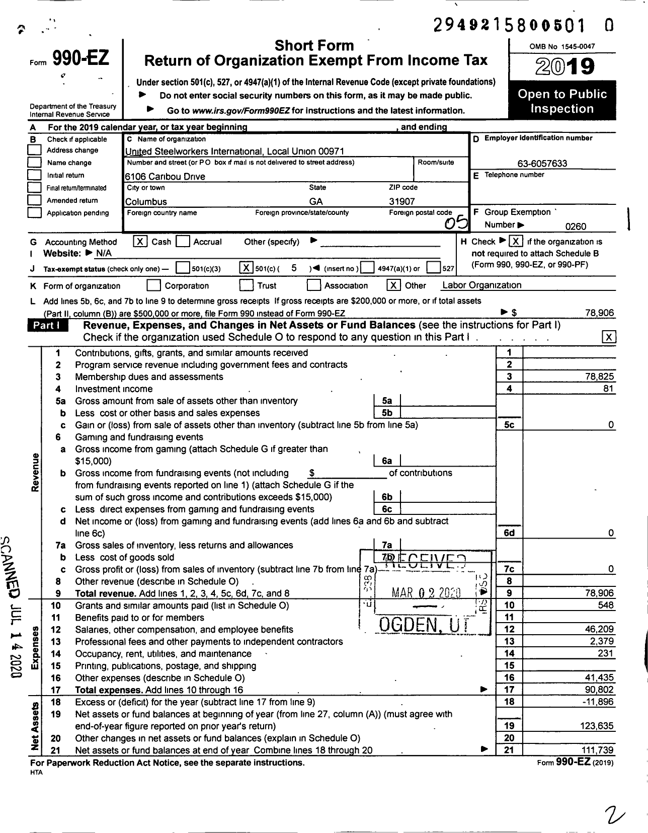 Image of first page of 2019 Form 990EO for United Steelworkers - Local Union 971