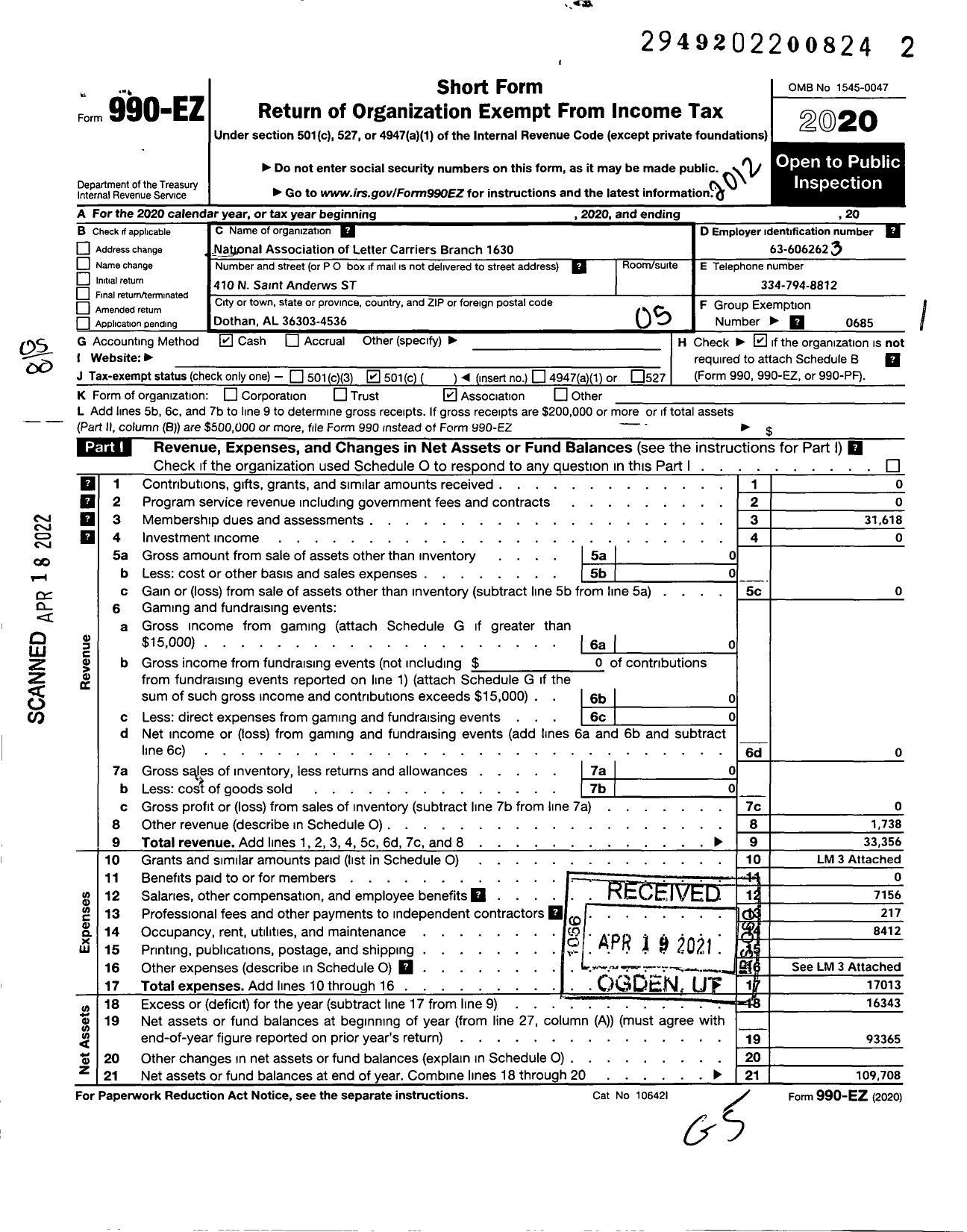 Image of first page of 2020 Form 990EO for National Association of Letter Carriers - 1630 Wiregrass Area Local Branch