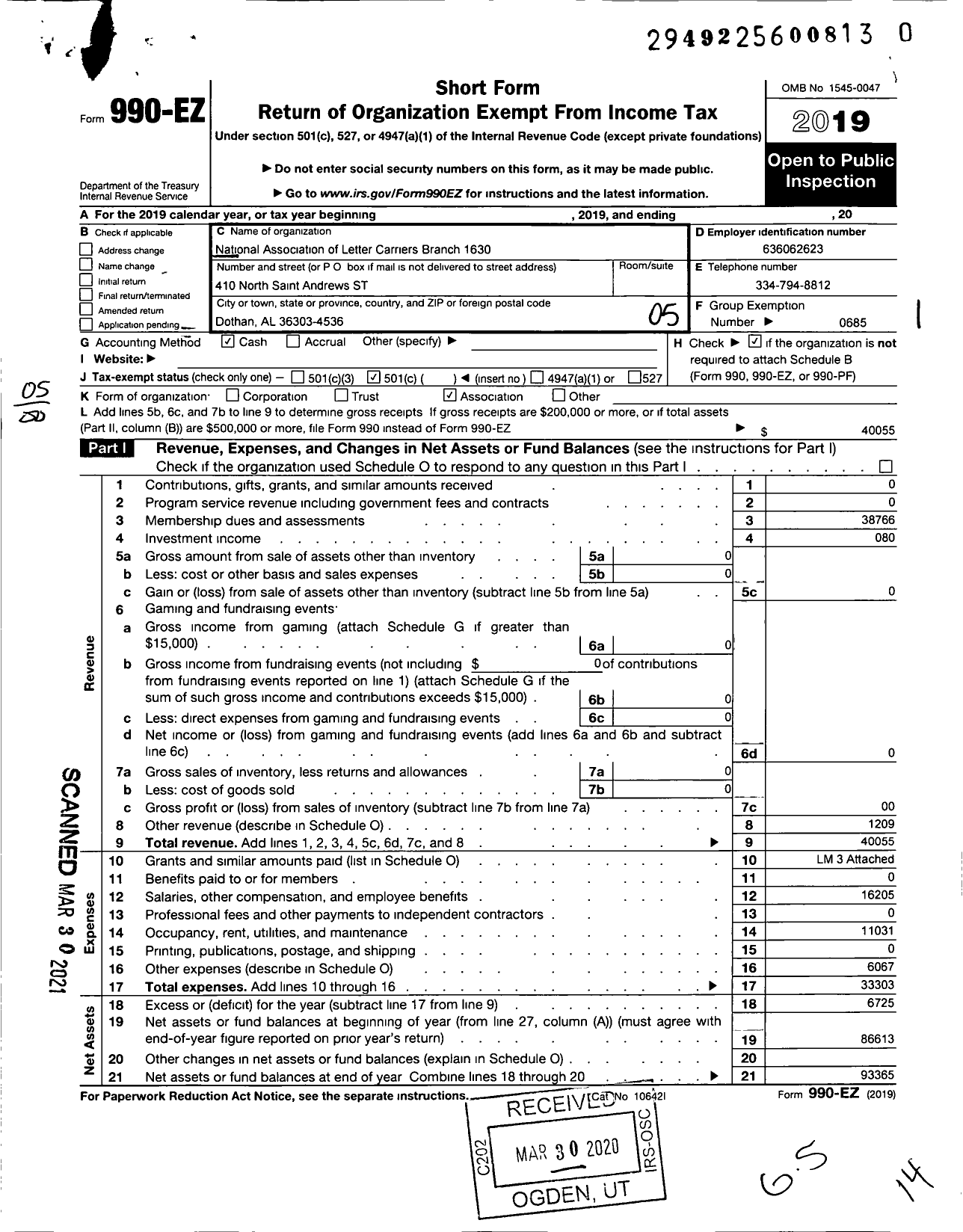 Image of first page of 2019 Form 990EO for National Association of Letter Carriers - 1630 Wiregrass Area Local Branch