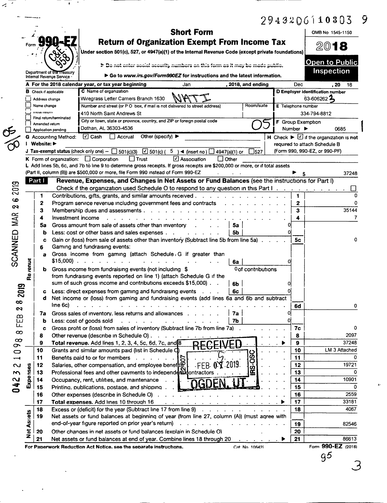 Image of first page of 2018 Form 990EO for National Association of Letter Carriers - 1630 Wiregrass Area Local Branch