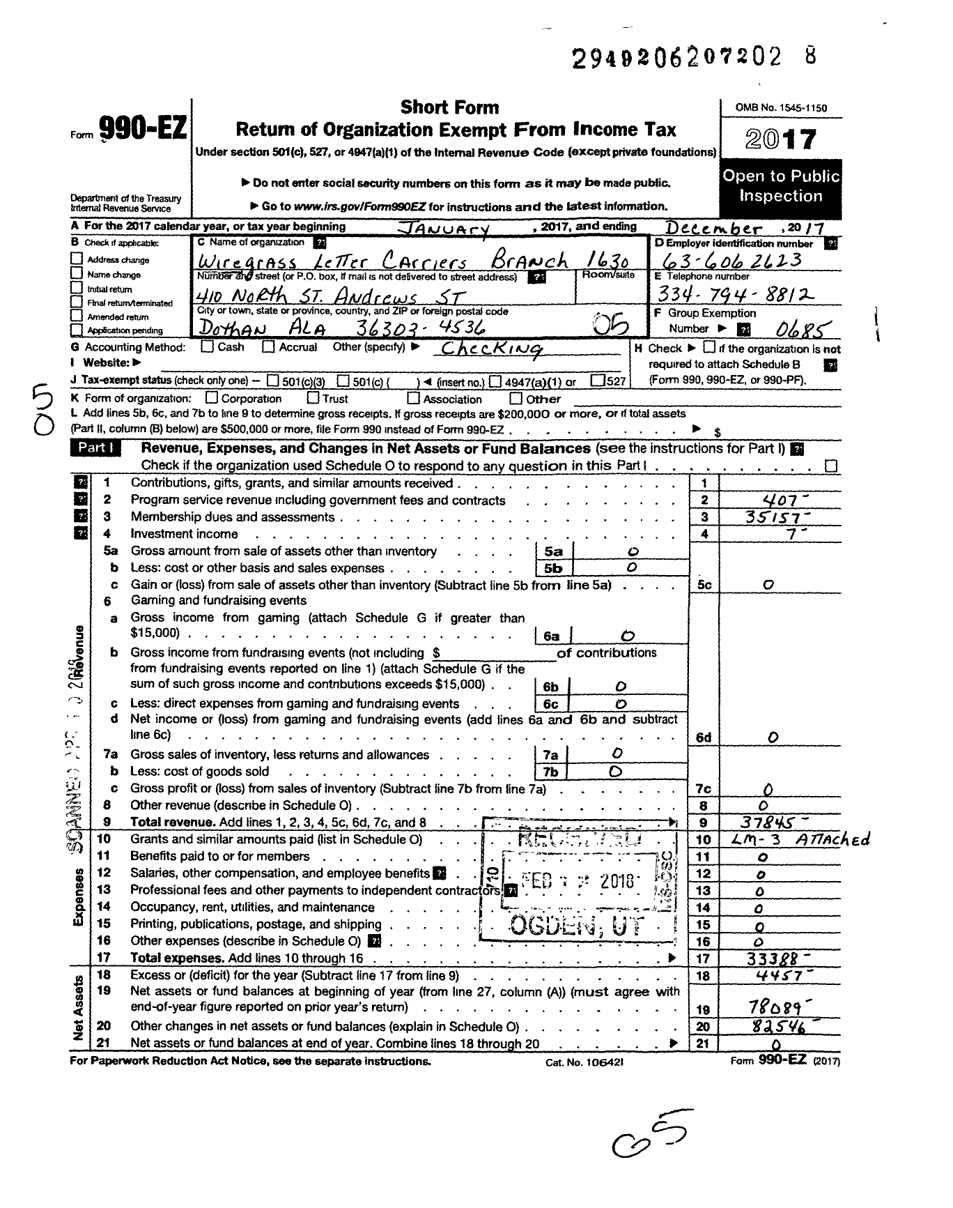 Image of first page of 2017 Form 990EO for National Association of Letter Carriers - 1630 Wiregrass Area Local Branch