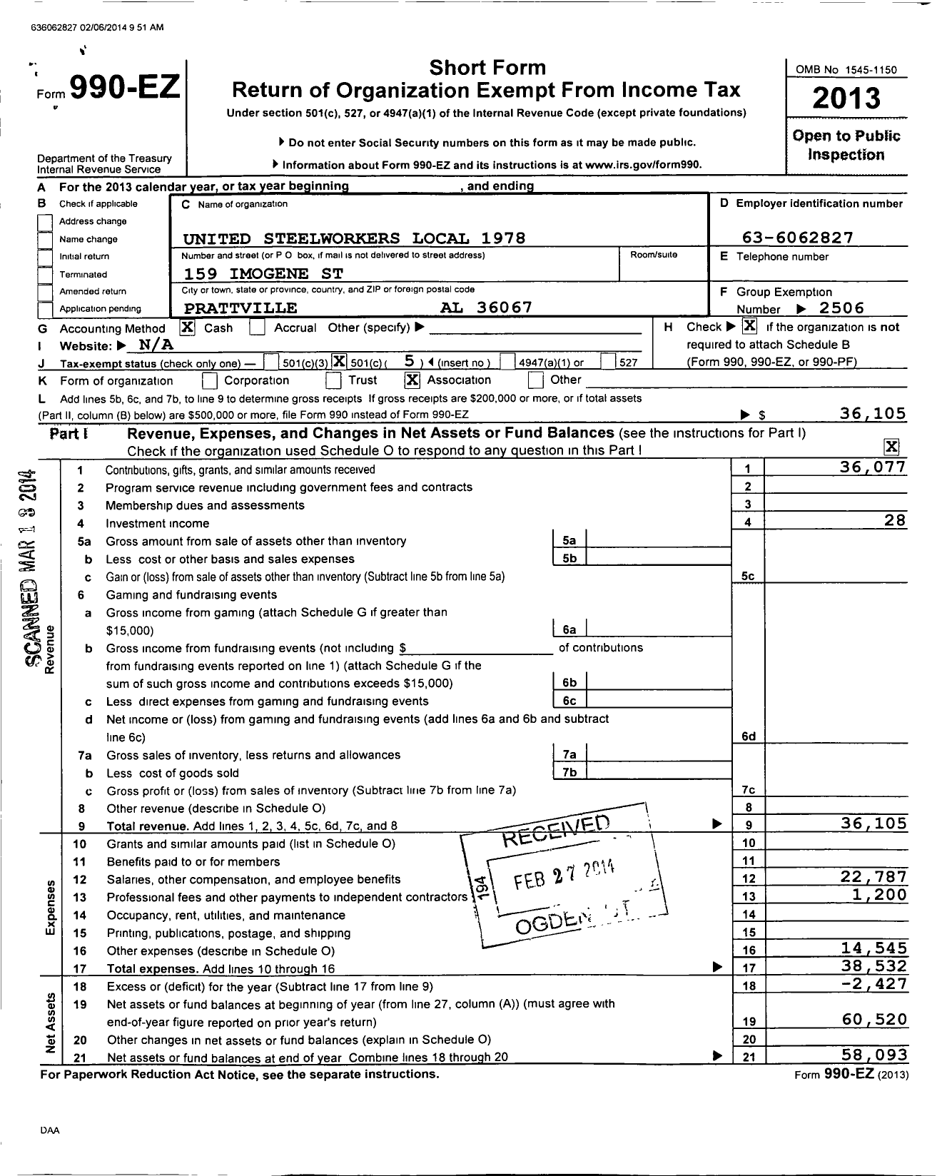 Image of first page of 2013 Form 990EO for United Steelworkers - 01978 Local