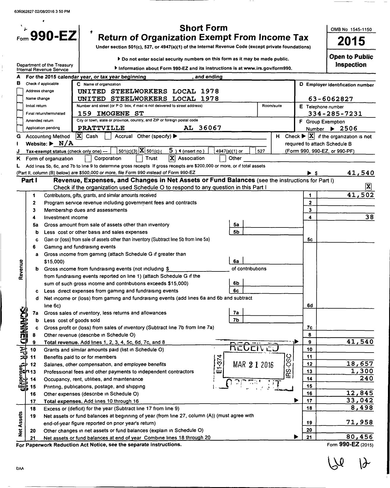 Image of first page of 2015 Form 990EO for United Steelworkers - 01978 Local