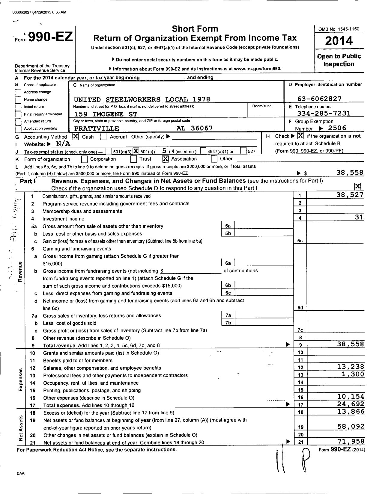 Image of first page of 2014 Form 990EO for United Steelworkers - 01978 Local