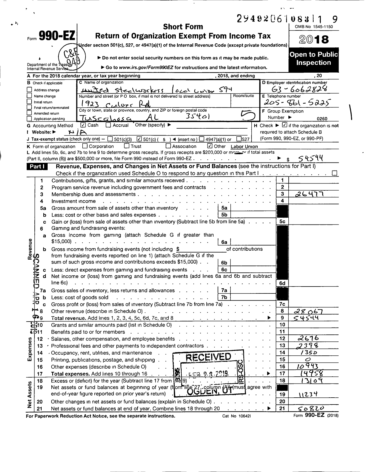 Image of first page of 2018 Form 990EO for United Steelworkers - 9-00594 Local