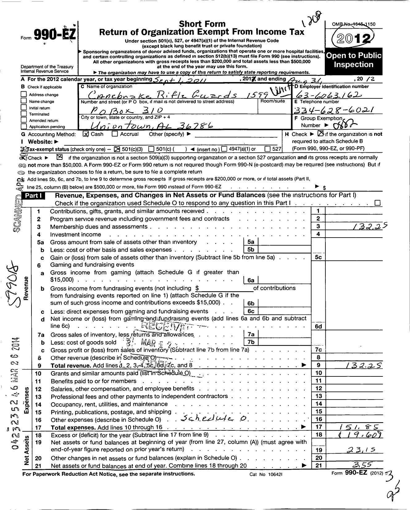 Image of first page of 2011 Form 990EZ for United Daughters of the Confederacy - 1599 Canebrake Rifle Guards Chapter