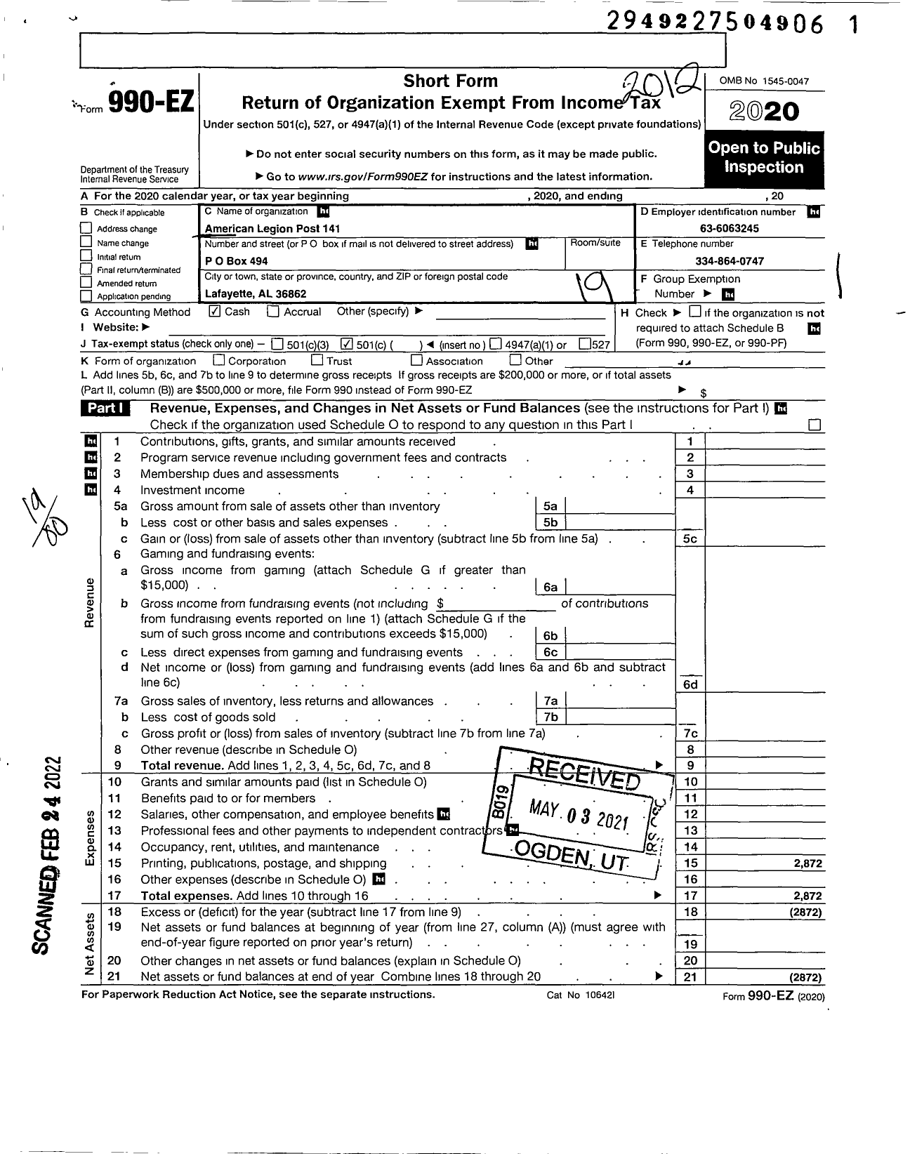 Image of first page of 2020 Form 990EO for American Legion - 141 La Fayette Wi Post