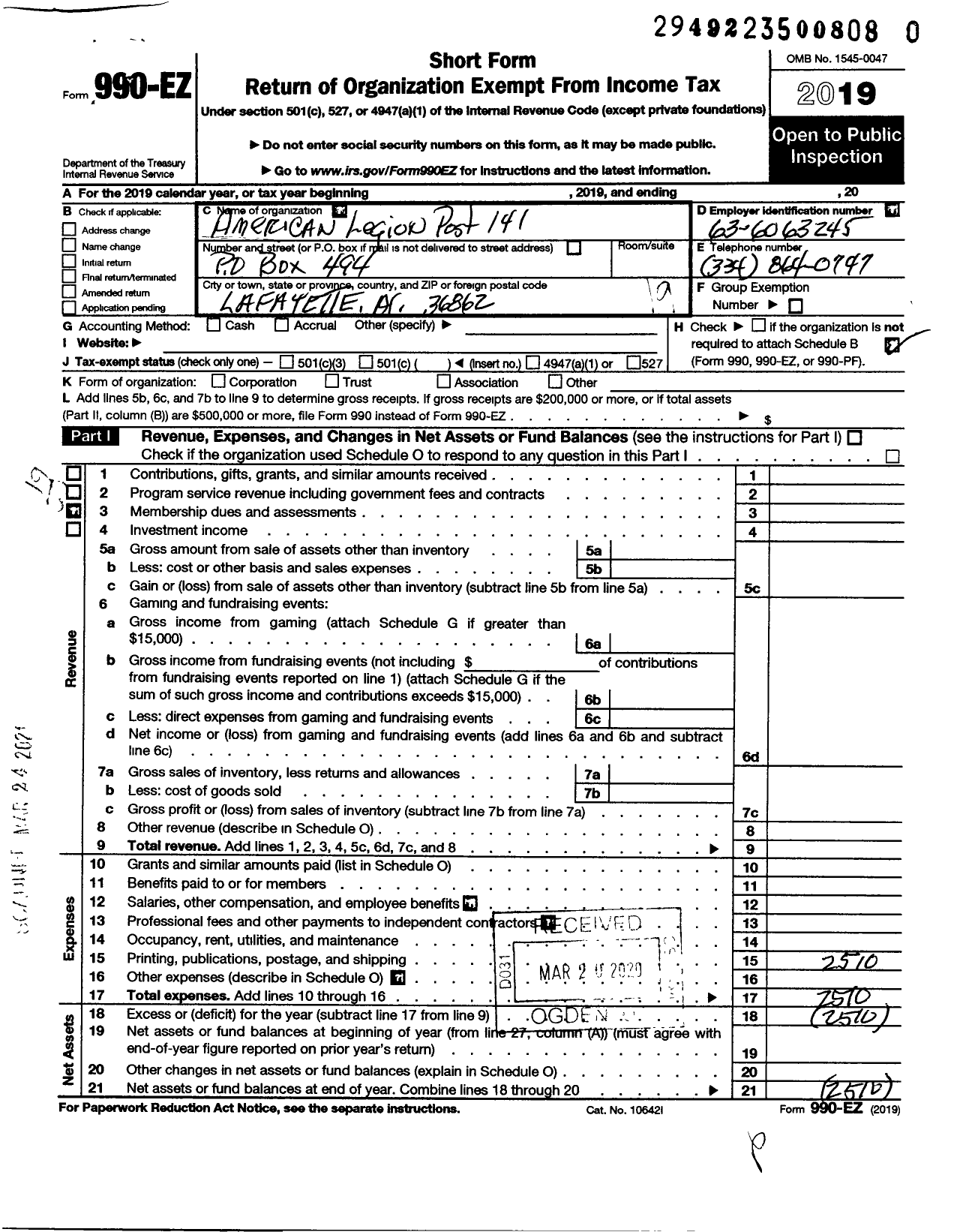 Image of first page of 2019 Form 990EO for American Legion - 141 La Fayette Wi Post