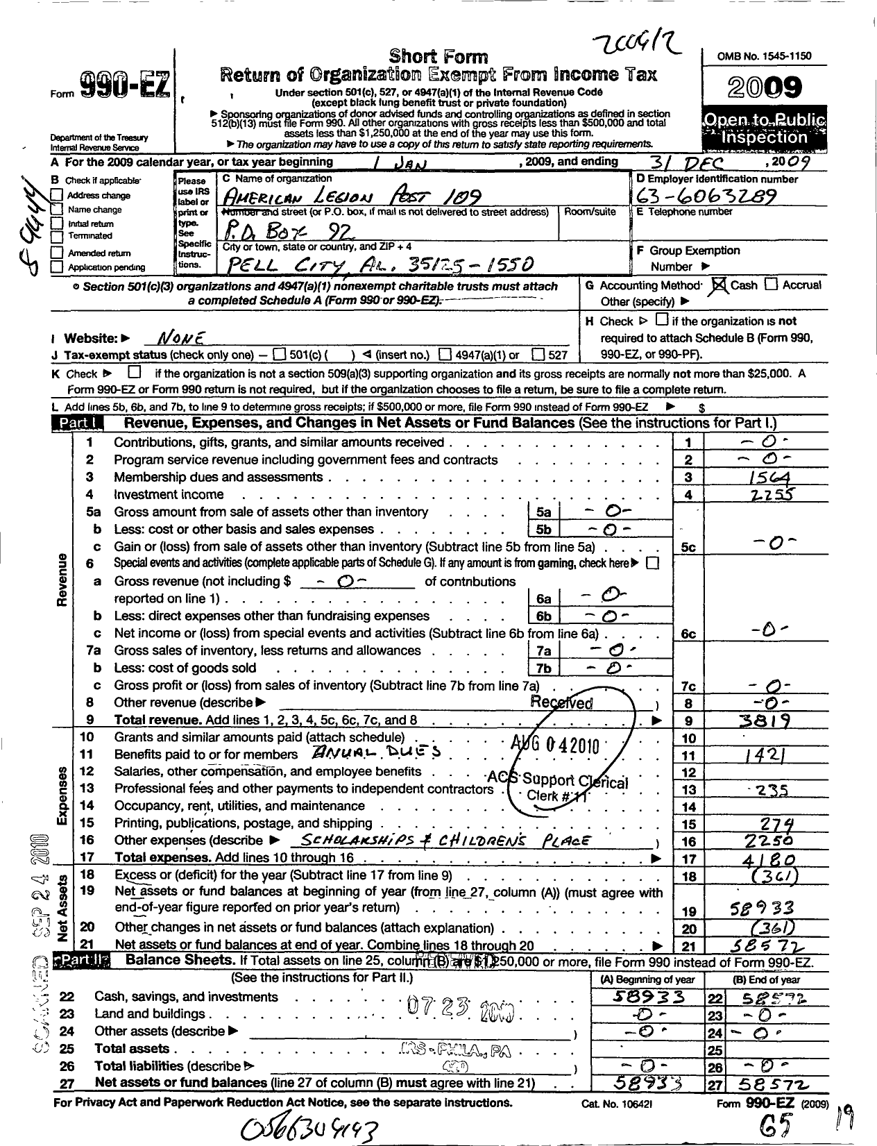 Image of first page of 2009 Form 990EO for American Legion - 109 St Clair County Post