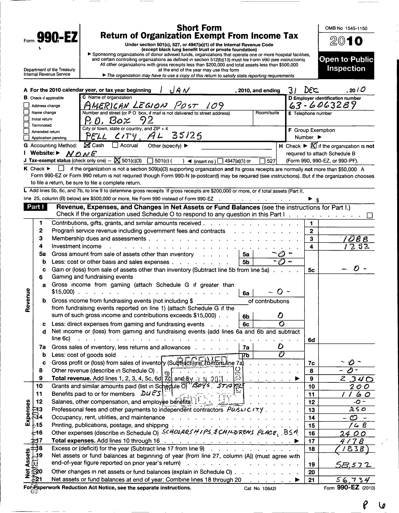 Image of first page of 2010 Form 990EZ for American Legion - 109 St Clair County Post