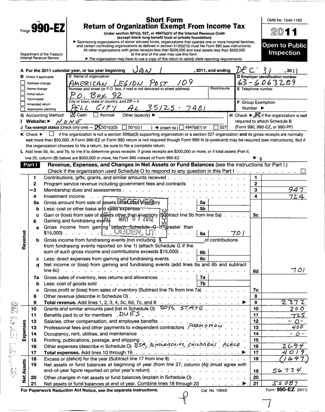 Image of first page of 2011 Form 990EZ for American Legion - 109 St Clair County Post