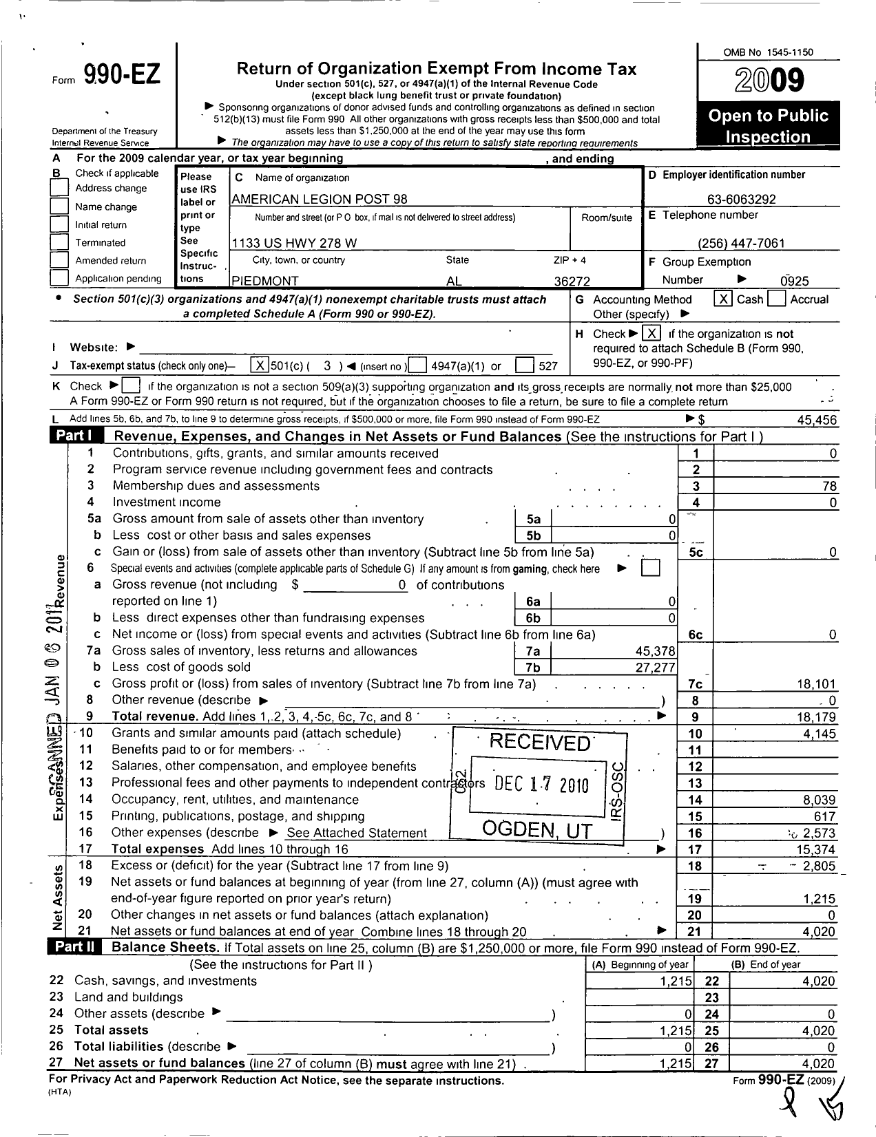 Image of first page of 2009 Form 990EZ for Savage Post No 98 Department of Alabama