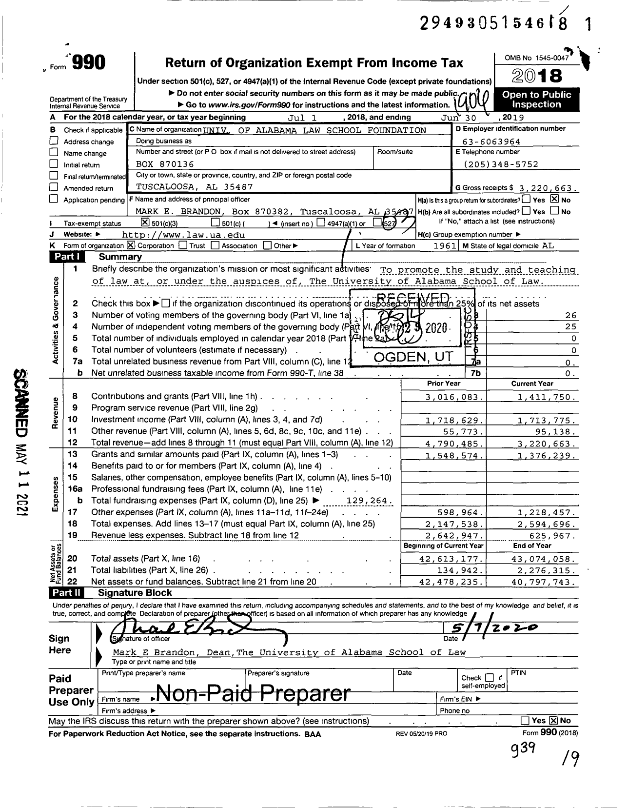 Image of first page of 2018 Form 990 for University of Alabama Law School Foundation