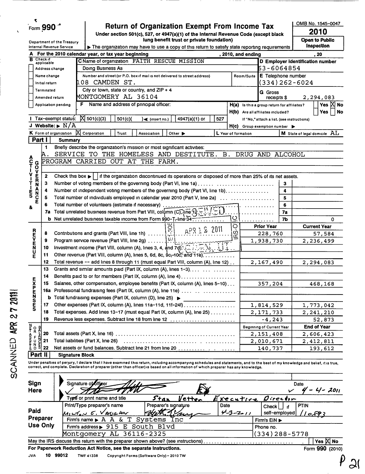 Image of first page of 2010 Form 990 for Faith Rescue Mission