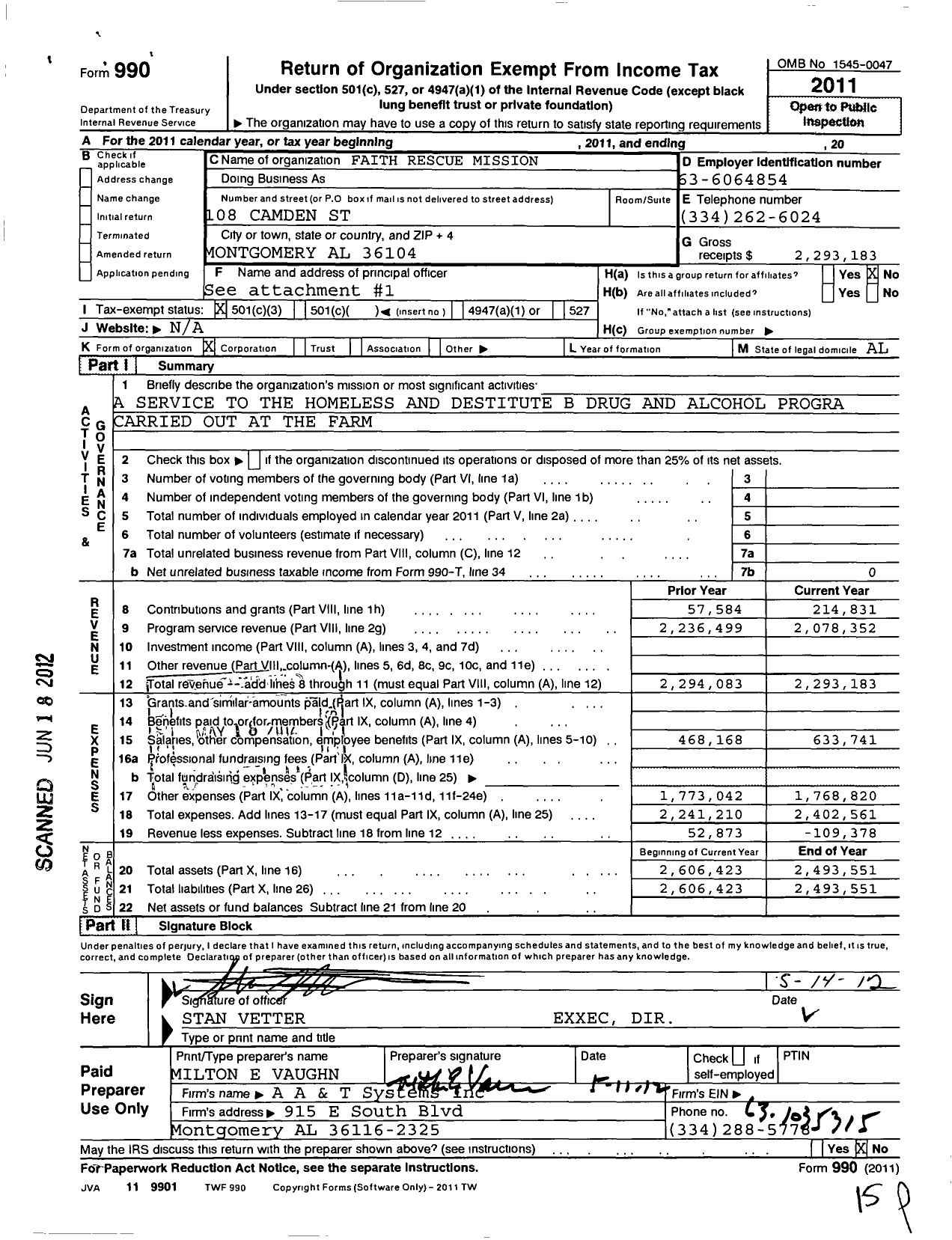 Image of first page of 2011 Form 990 for Faith Rescue Mission
